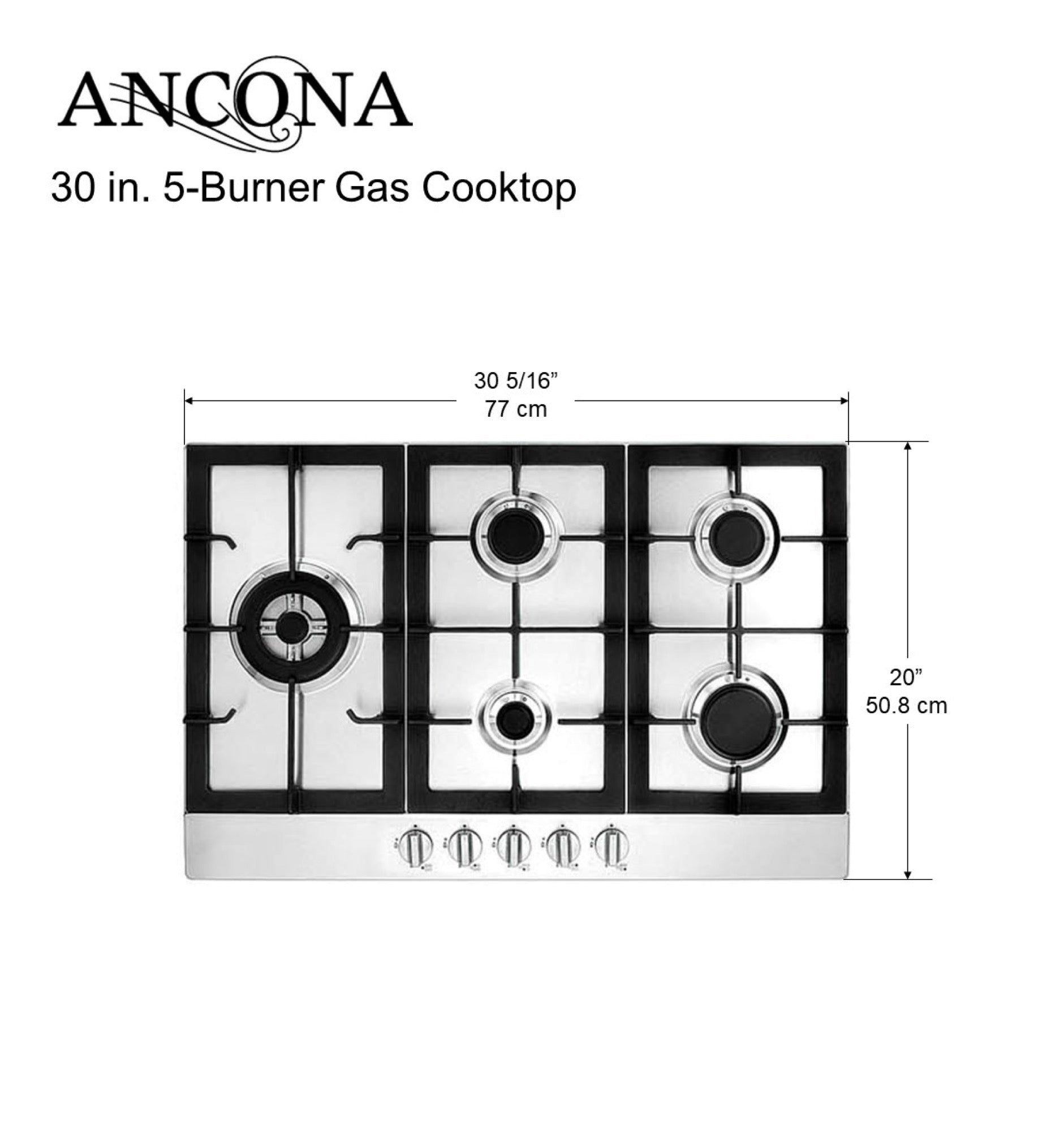 Ancona 30 Inch Stainless Steel Gas Cooktop with 5 Burners & Cast Iron Griddle - Perfect for Home Kitchen, Restaurant, and Outdoor Cooking