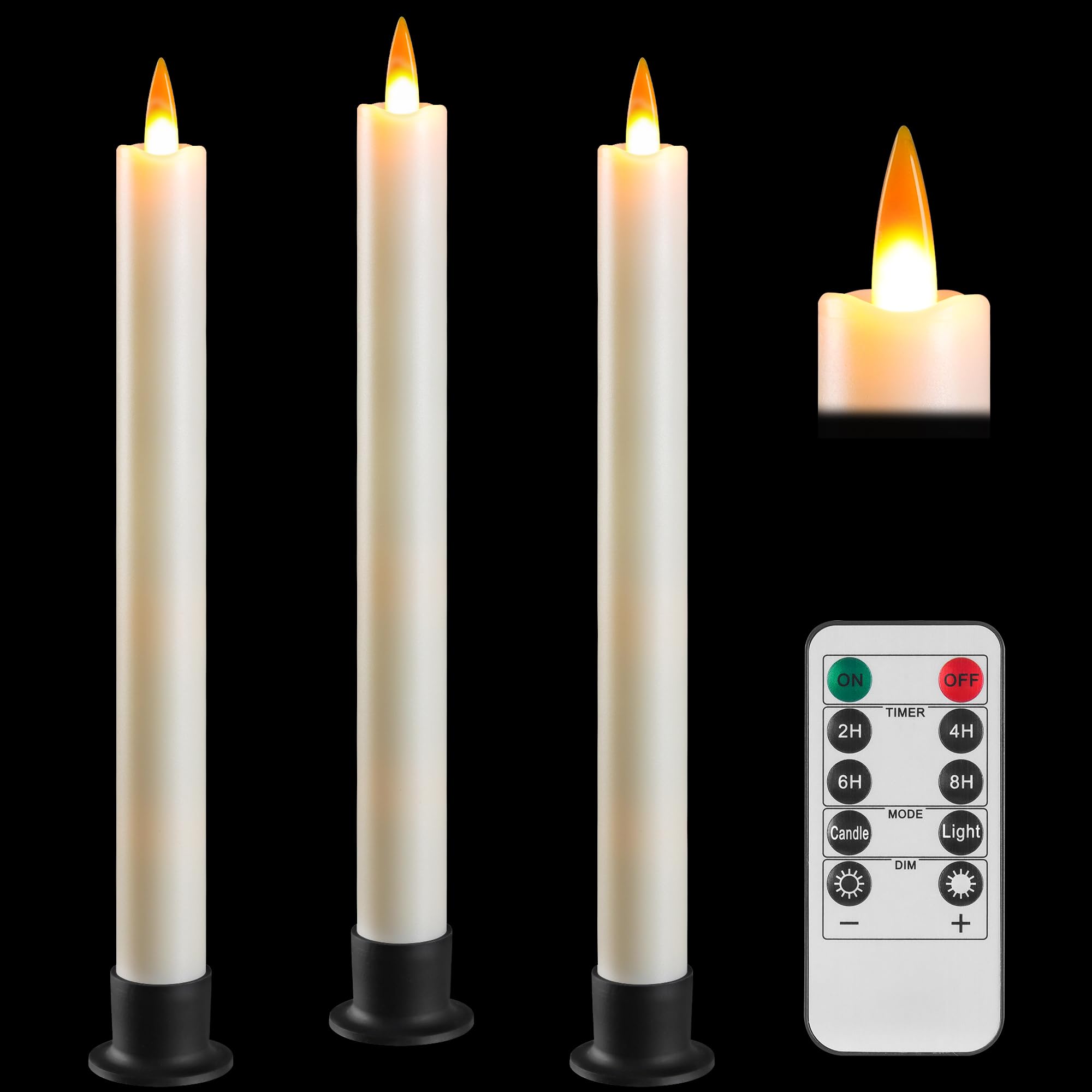 Da by LED Flameless Cone Candles with Remote Timer - 9.6 Inch Ivory Battery Powered Candlesticks - Realistic 3D Flickering False Flame Window Candles (Set of 3) - Perfect for Home Decor, Wedding Centerpieces & Holiday Ambiance