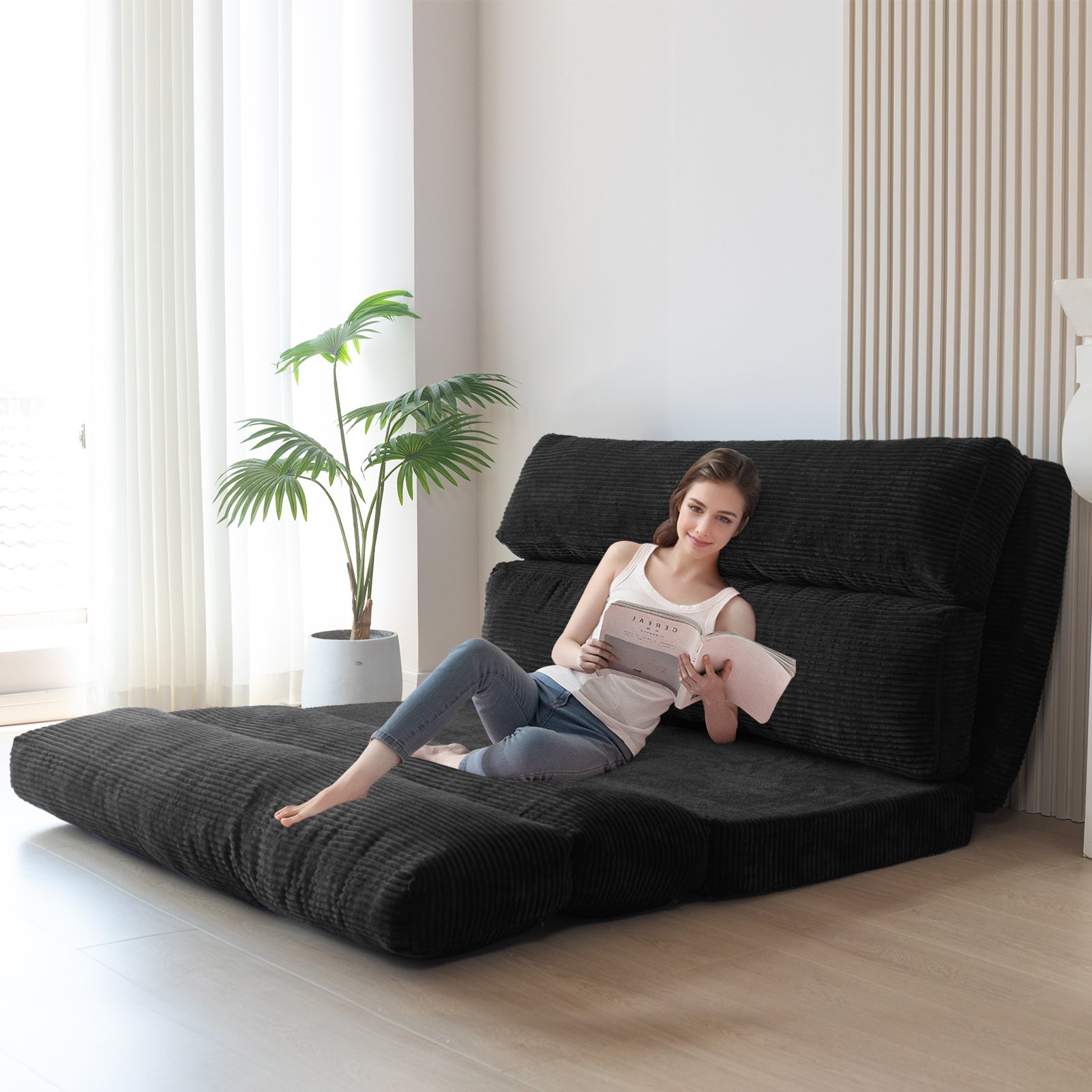 MAXYOYO Extra Wide Corduroy Bean Bag Folding Sofa Bed - Convertible Floor Mattress for Living Room, Bedroom & Guest Room (Black)