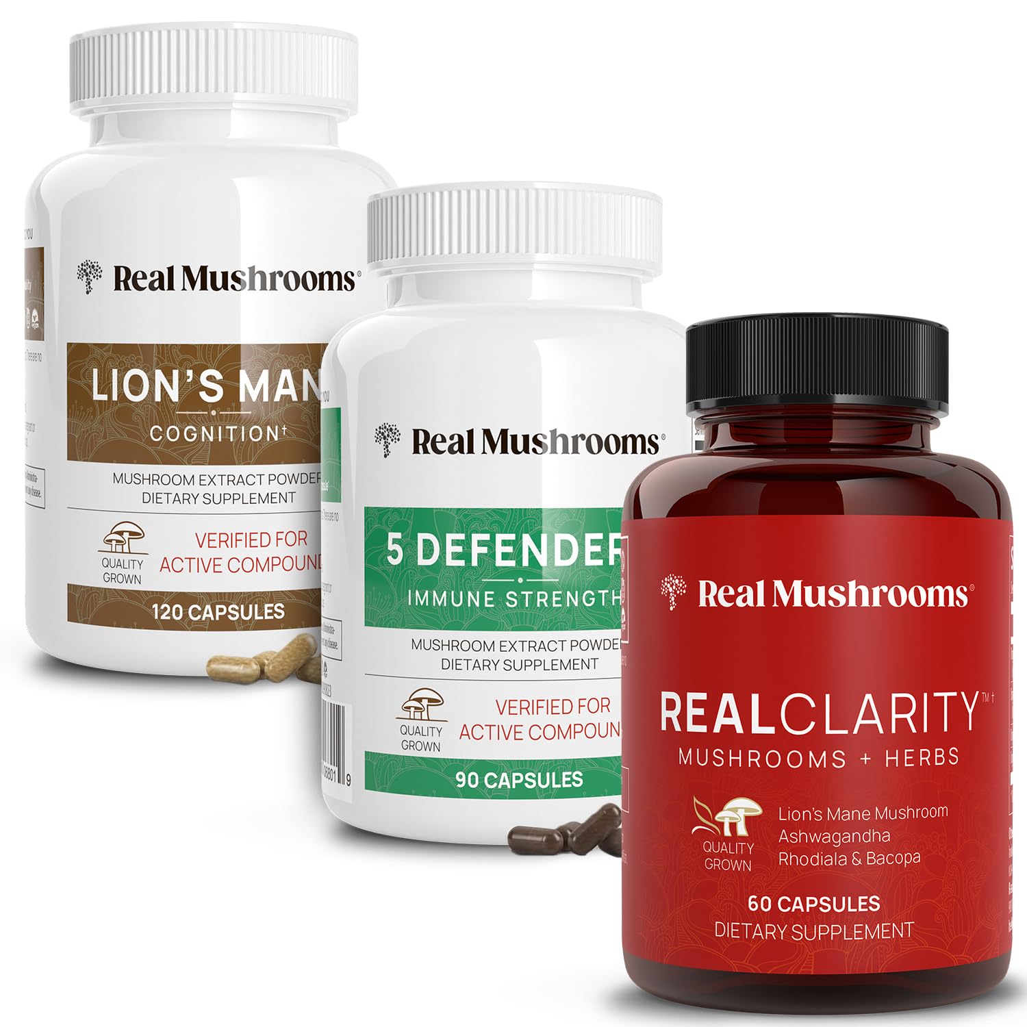 Lion's Mane Mushroom Supplement (120ct) & RealClarity Cognitive Support (60ct) & 5 Defenders Immune Booster (90ct) Bundle - Brain Health, Focus & Immunity Support - Perfect for Students, Professionals & Wellness Enthusiasts