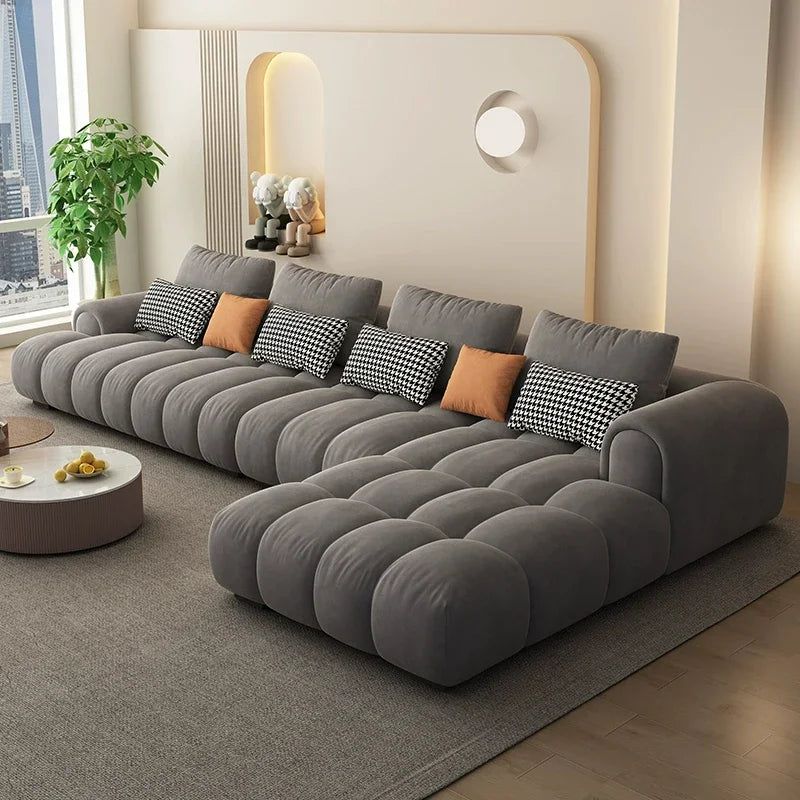Luxury Sectional Calf Leather Sofa Bed Chaise Lounge Set - Modern Living Room Furniture for Home Theater & Family Gatherings