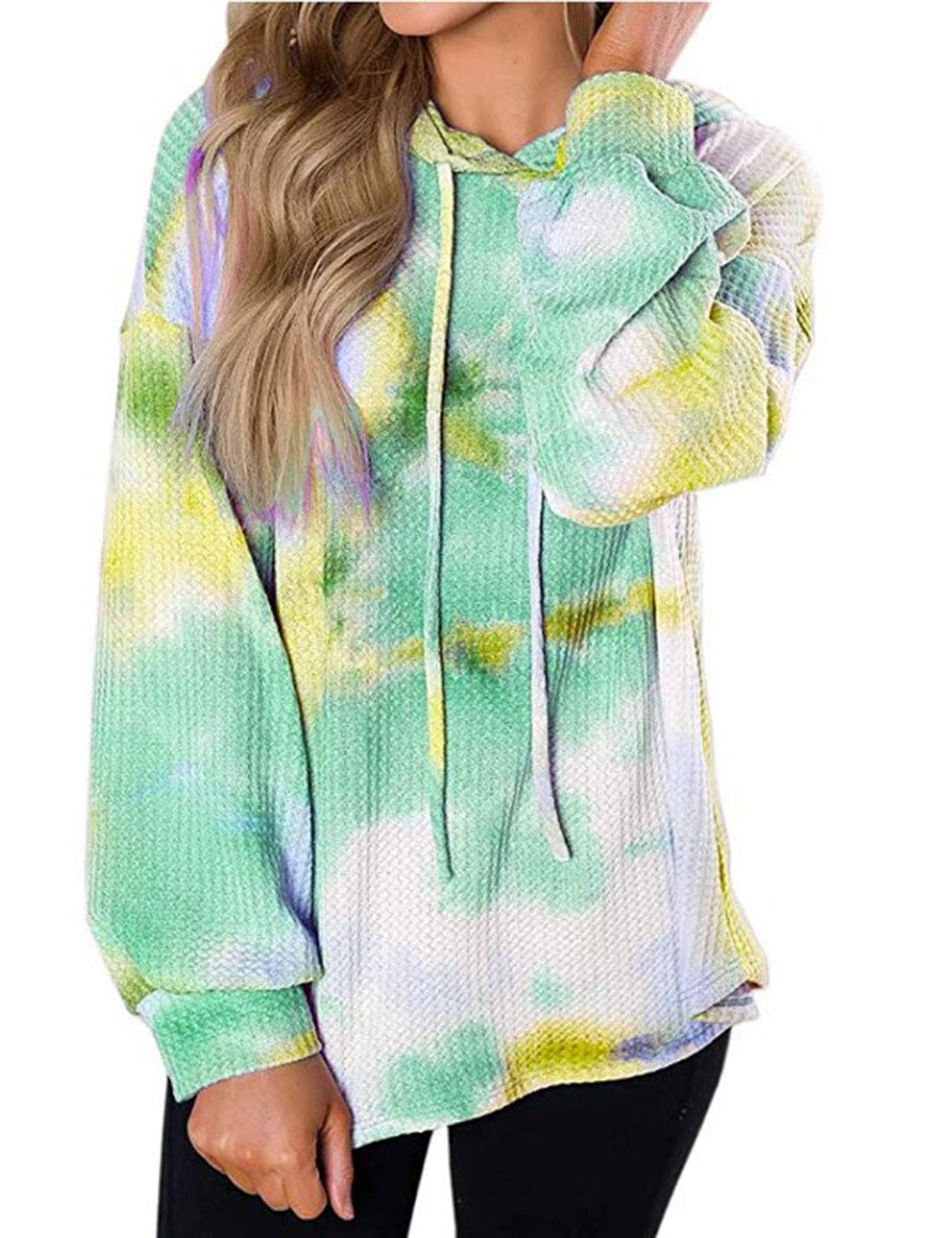 AMEBELLE Women's Loose Tie Dye Waffle Knit Hoodie - Soft Pullover Sweatshirt with Puff Sleeves | Casual Loungewear & Streetwear Fashion for Everyday Comfort