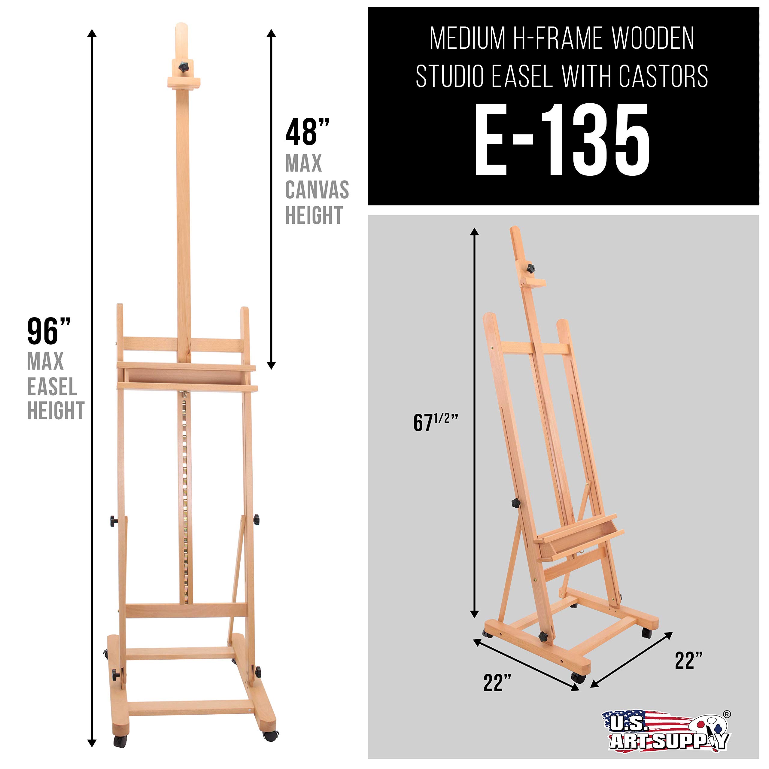 U.S. Art Supply Adjustable Beechwood H-Frame Studio Easel with Storage Tray & Wheels - Extends to 96