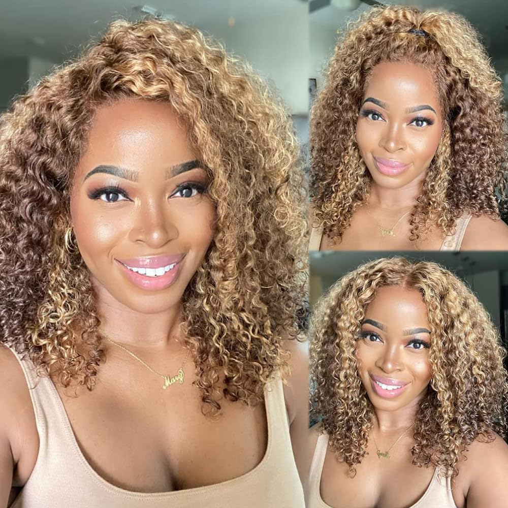 Julia Hair Highlight Honey Blonde 12A Brazilian Curly Human Hair Weave Extensions - 3 Bundles (14/16/18 Inch) for Sew-in, Jerry Curly Style - Perfect for Daily Wear, Parties & Special Occasions