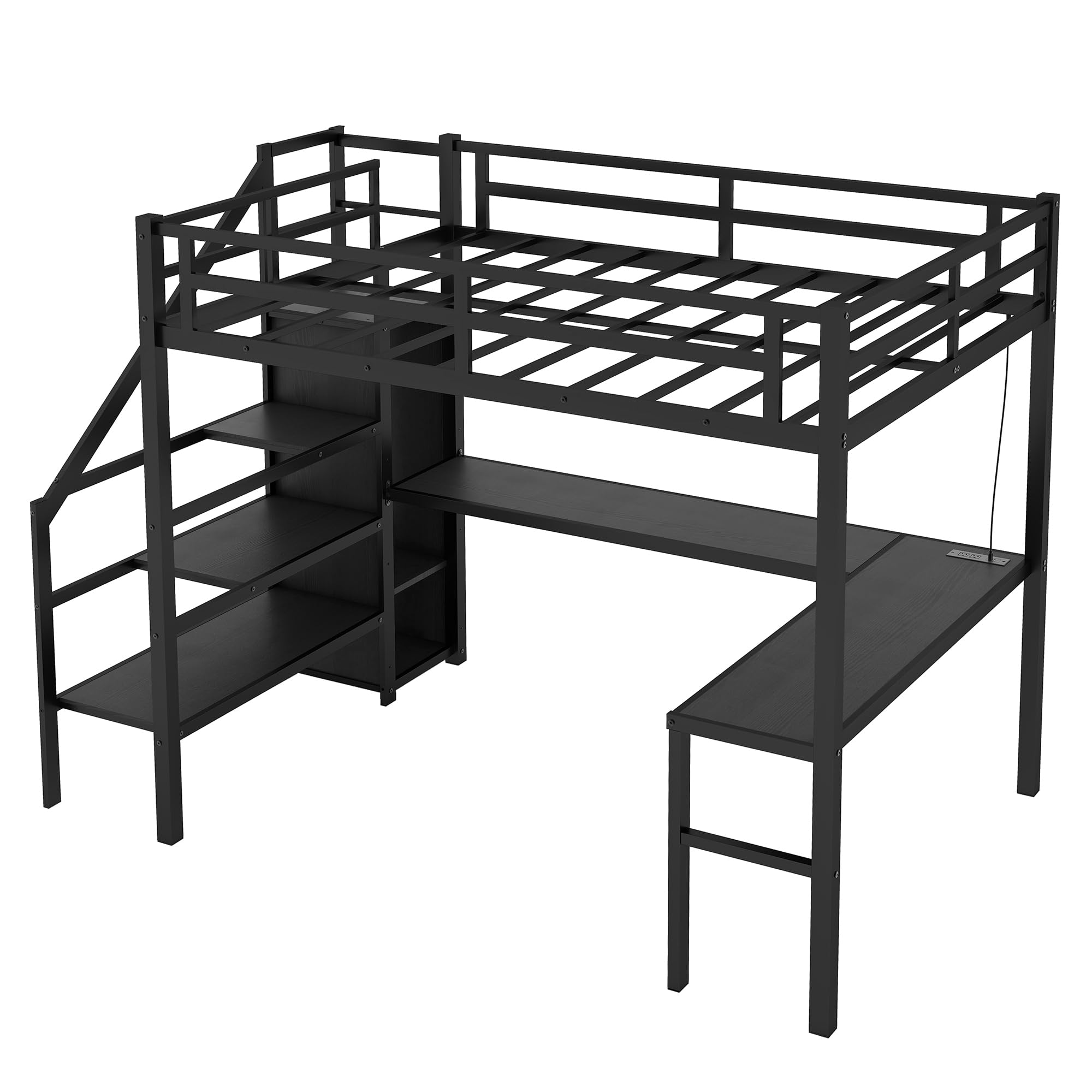 Full XL Size Loft Bed with L-Shaped Desk & Wardrobe - Metal Loft Bed Frame with Storage Stairs, Adjustable Shelf & Guardrails - 69