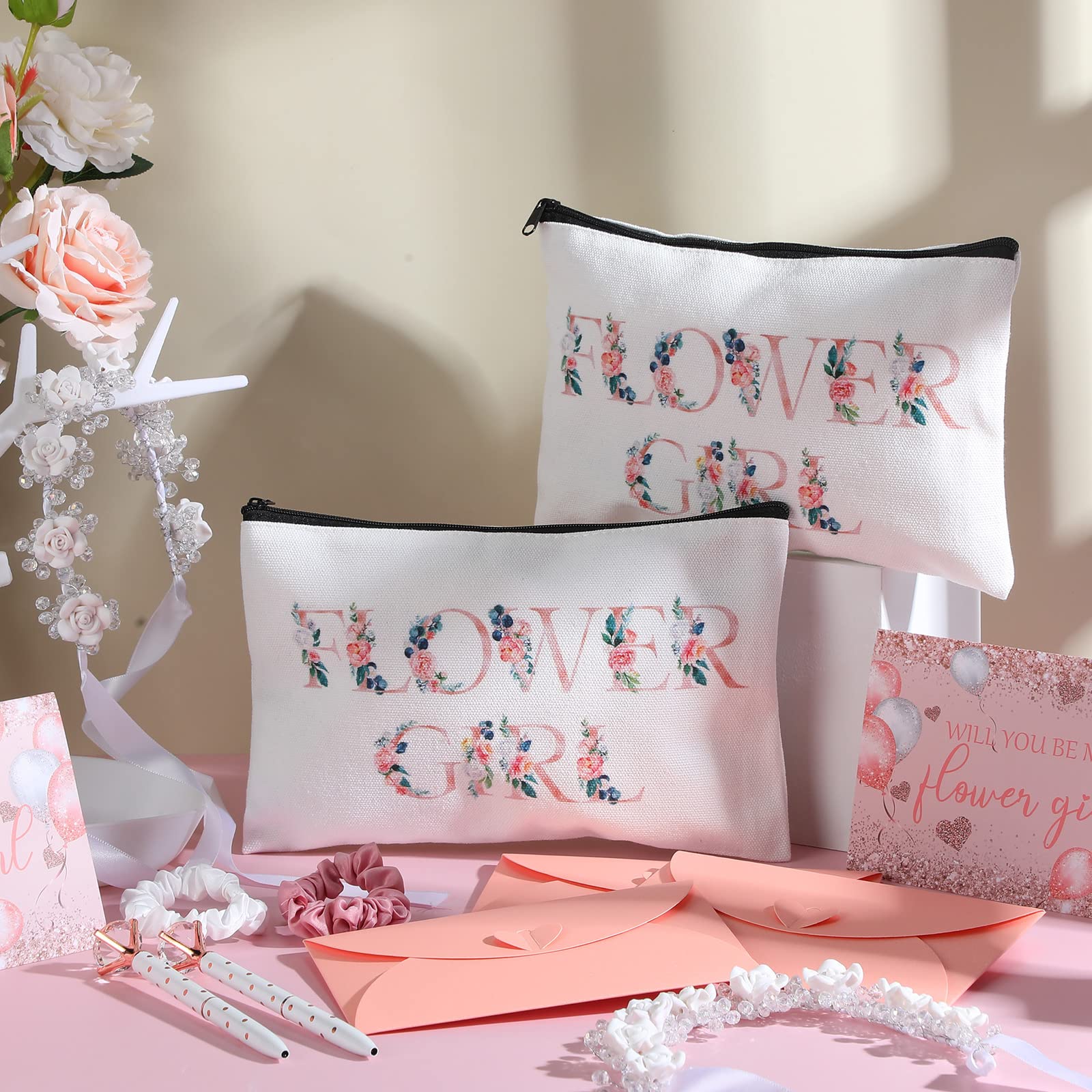 Eccliy 12-Piece Wedding Proposal Gift Set - Cosmetic Bag, Flower Girl Headpiece, Satin Scrunchies, Diamond Pens, Proposal Card & Envelope - Perfect for Weddings, Engagements & Bridal Parties | Great for Flower Girls, Bridesmaids & Proposal Surprises