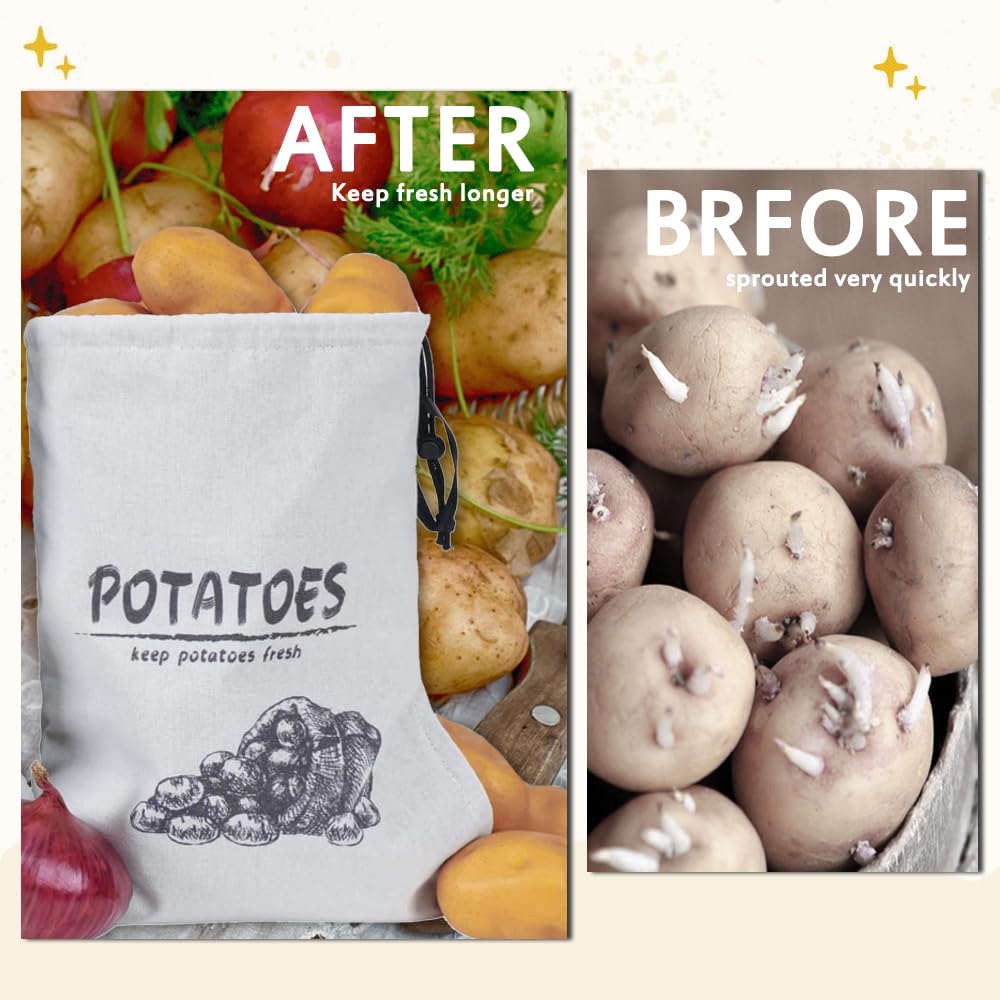 Reusable Potato Onion Garlic Storage Bags with Drawstring Closure - 3 Pack for Pantry & Kitchen Organization | Fresh Vegetable Keepers for Home, Restaurant & Grocery Store Use