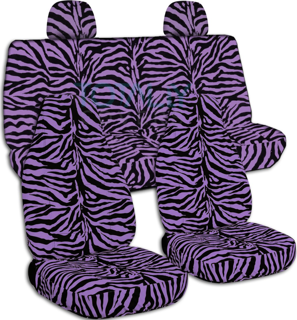 Purple Zebra Print Car Seat Covers Full Set with 2 Rear Headrest Covers - Universal Fit for Cars, Trucks, Vans, RVs & SUVs - 30 Animal Print Options - Durable & Stylish Protection for Daily Commute, Road Trips & Family Travel