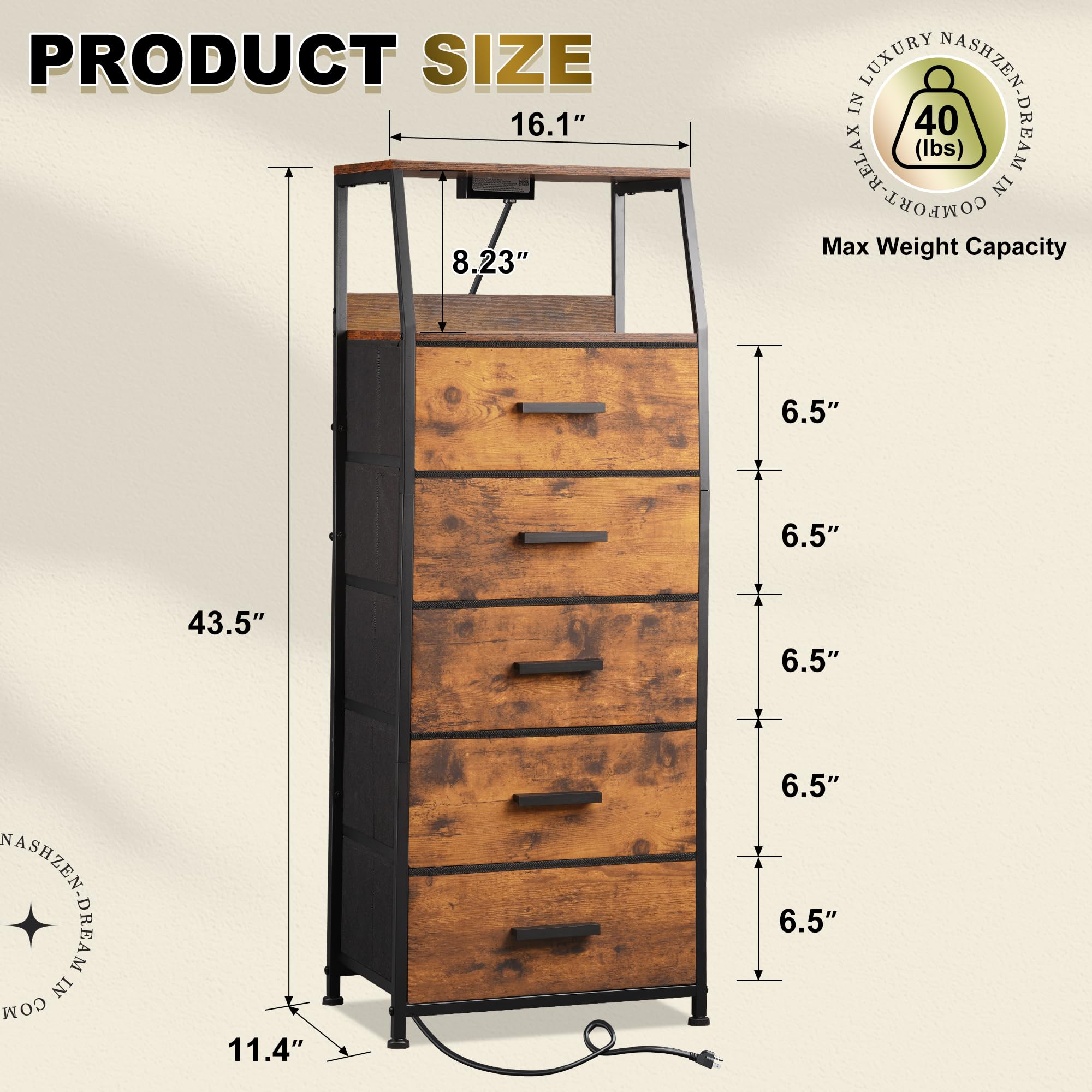 5-Drawer Nightstand Dresser with USB Charging Station, Fabric Storage Drawers & Open Shelf - Modern Bedside Table for Bedroom, Hallway, Entryway - Perfect for Small Spaces & Phone Charging