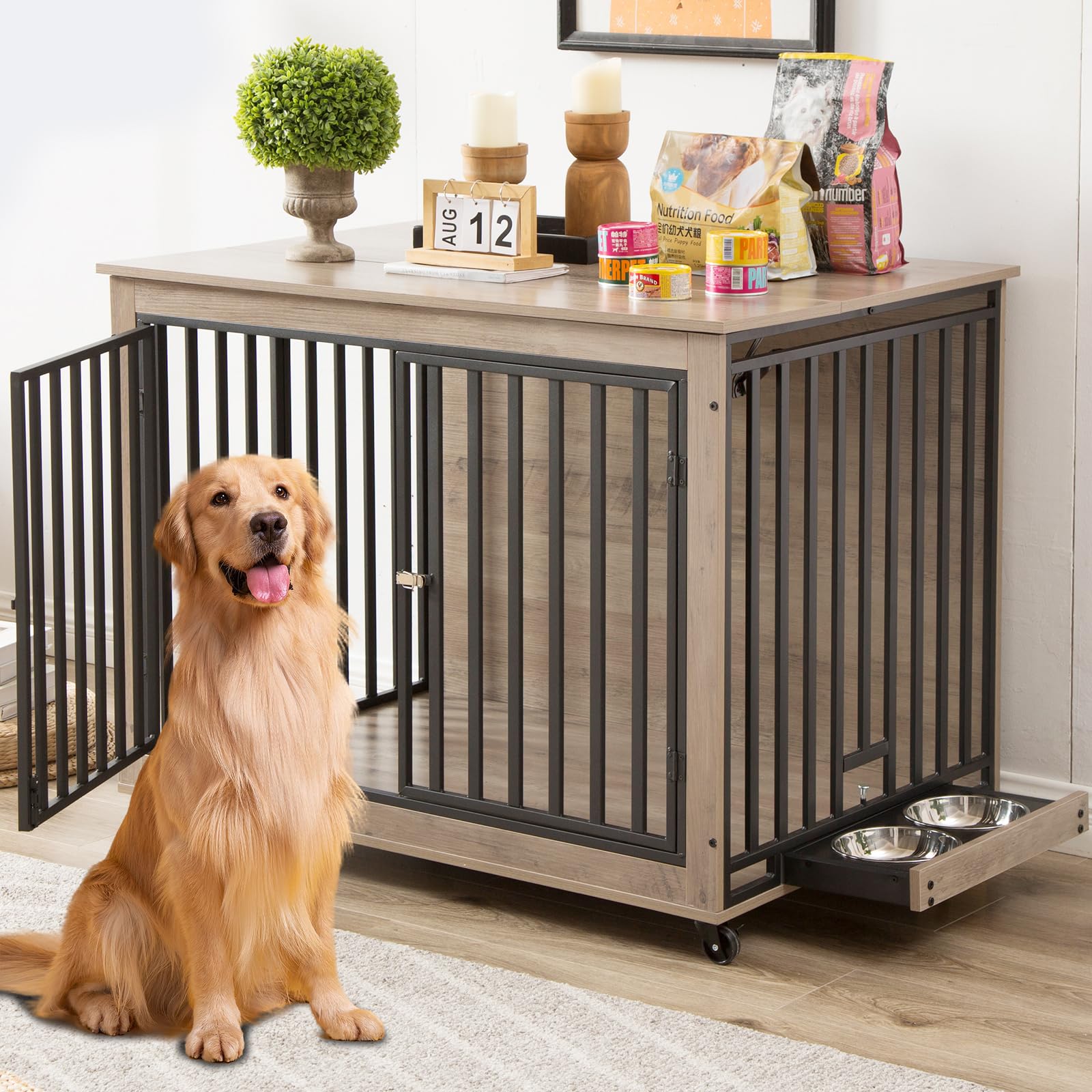 Rovibek 44 Inch Heavy Duty Dog Crate with Wheels & Removable Bowls - Indoor Kennel for Large & Medium Dogs, Flip-Up Top Opening, Grey - Perfect for Home, Travel & Vet Visits