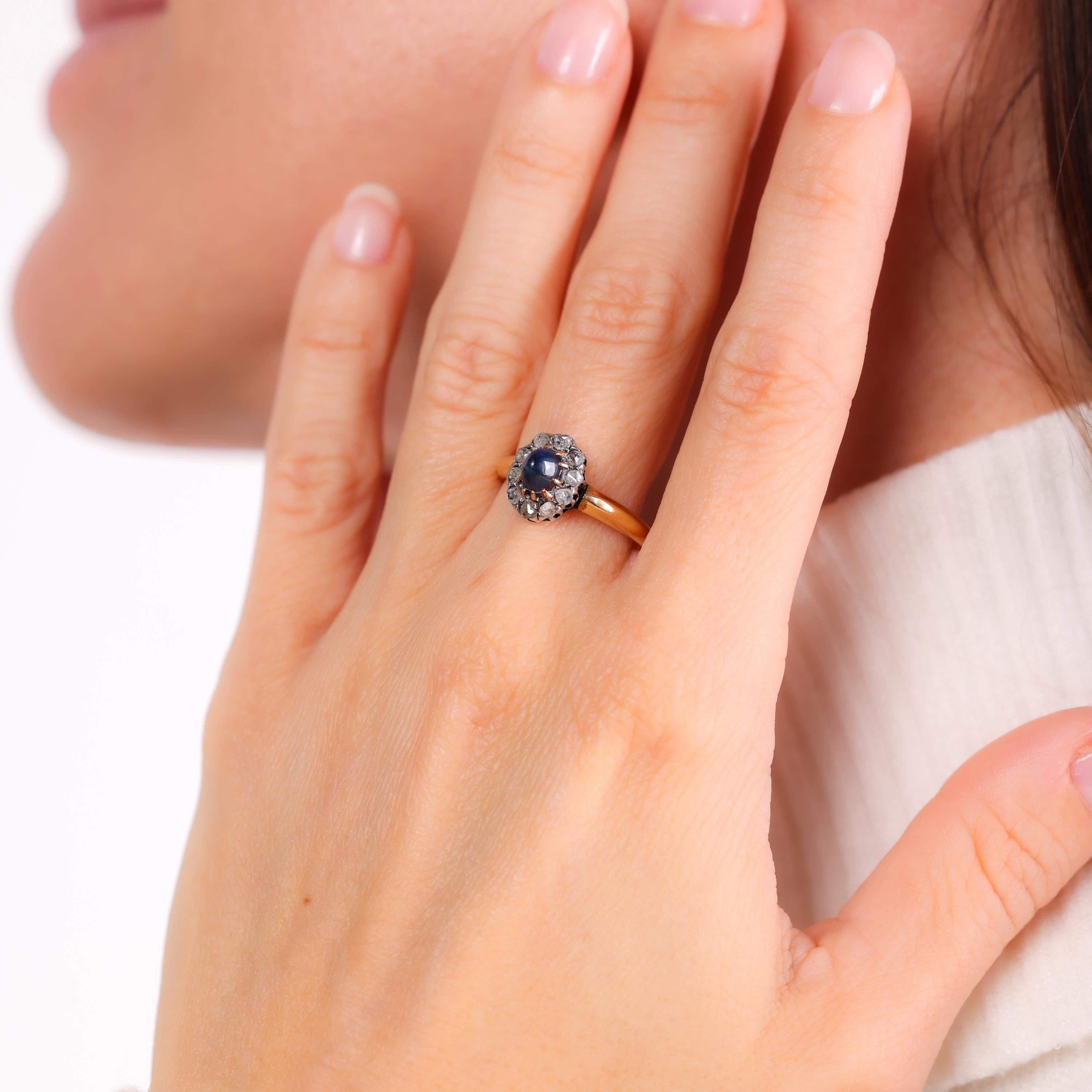 Antique French Cabochon Sapphire & Diamond 18K Yellow Gold Silver Cluster Ring - Vintage Jewelry for Weddings, Engagement & Special Occasions