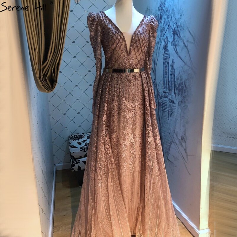 Luxury Wine Red Mermaid Evening Dress with V-Neck & Long Sleeves - Beaded Crystal Formal Gown for Dubai Parties, Prom, Gala & Special Occasions - Serene Hill LA70537