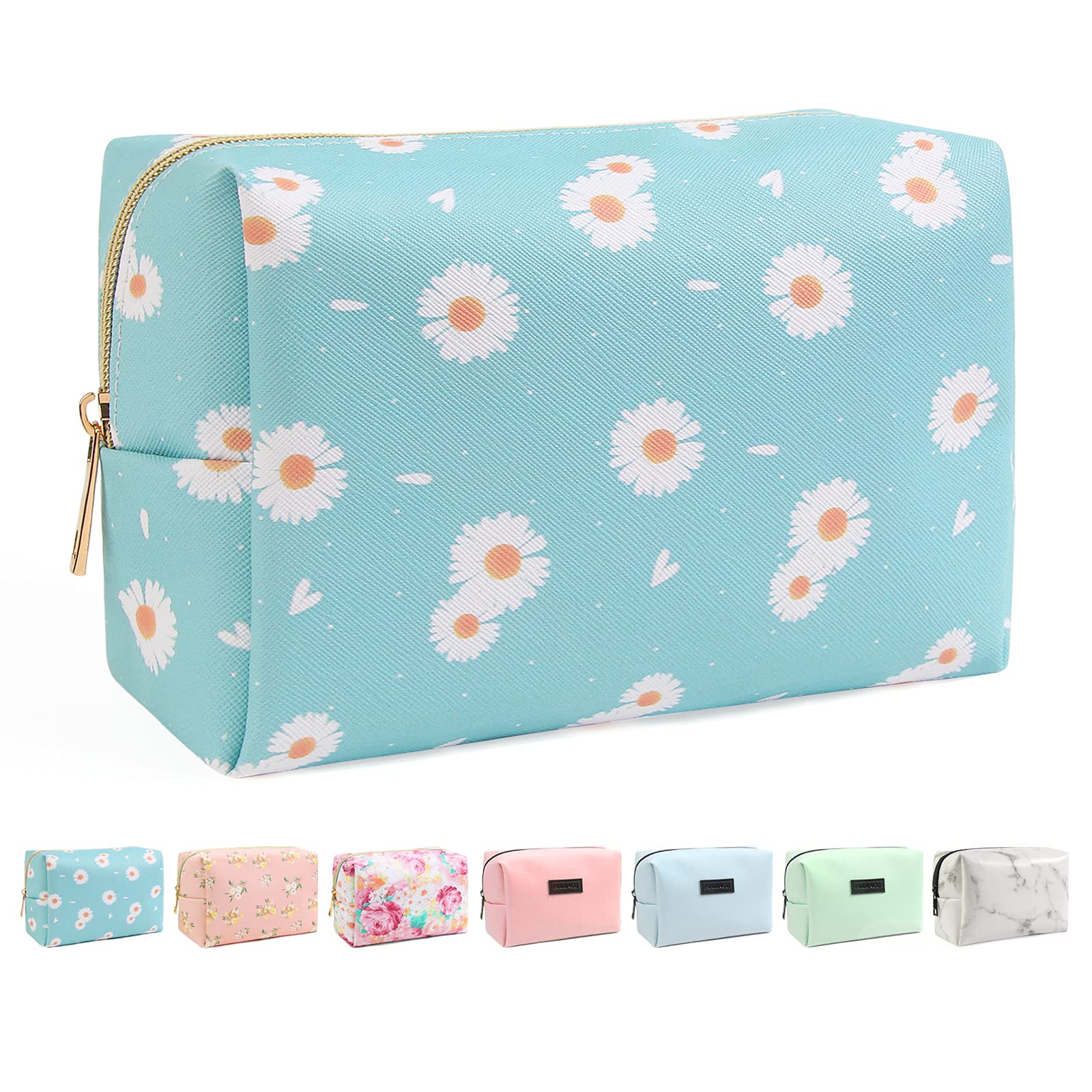MAANGE Small Makeup Bag for Women - PU Leather Travel Cosmetic Pouch with Zipper, Portable Organizer for Purse, Toiletries & Essentials | Perfect for Travel, Gym & Daily Use (Daisy Pattern)