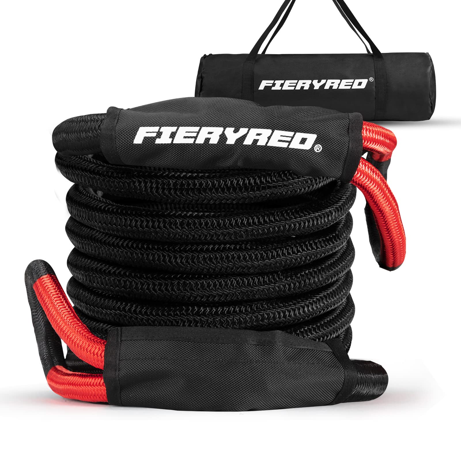 FieryRed 30FT 7/8 Inch Kinetic Energy Recovery Rope - Heavy Duty Snatch Strap with Reinforced Loops & Protective Sleeve for Off-Road Recovery | Ideal for 4x4, ATV, UTV, Pickup Trucks & Emergency Towing | Includes Durable Tote Bag for Storage & Transport