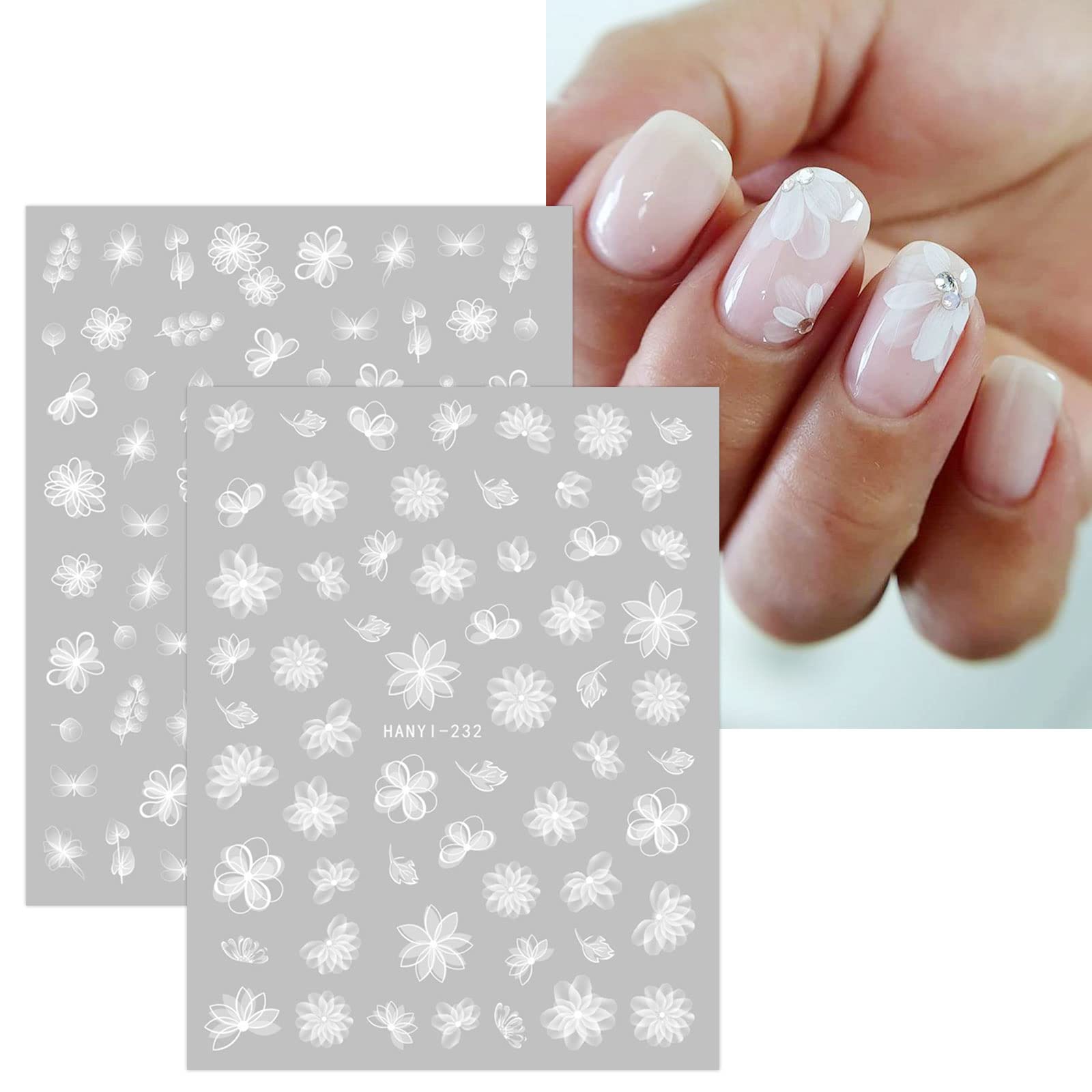 JMEOWIO 12 Sheets Spring White Flower Nail Stickers - Self-Adhesive Nail Art Decals with Butterfly & Leaf Designs - Floral Nail Supplies for DIY Manicure & Nail Decoration - Perfect for Summer, Bridal, Party & Salon Use