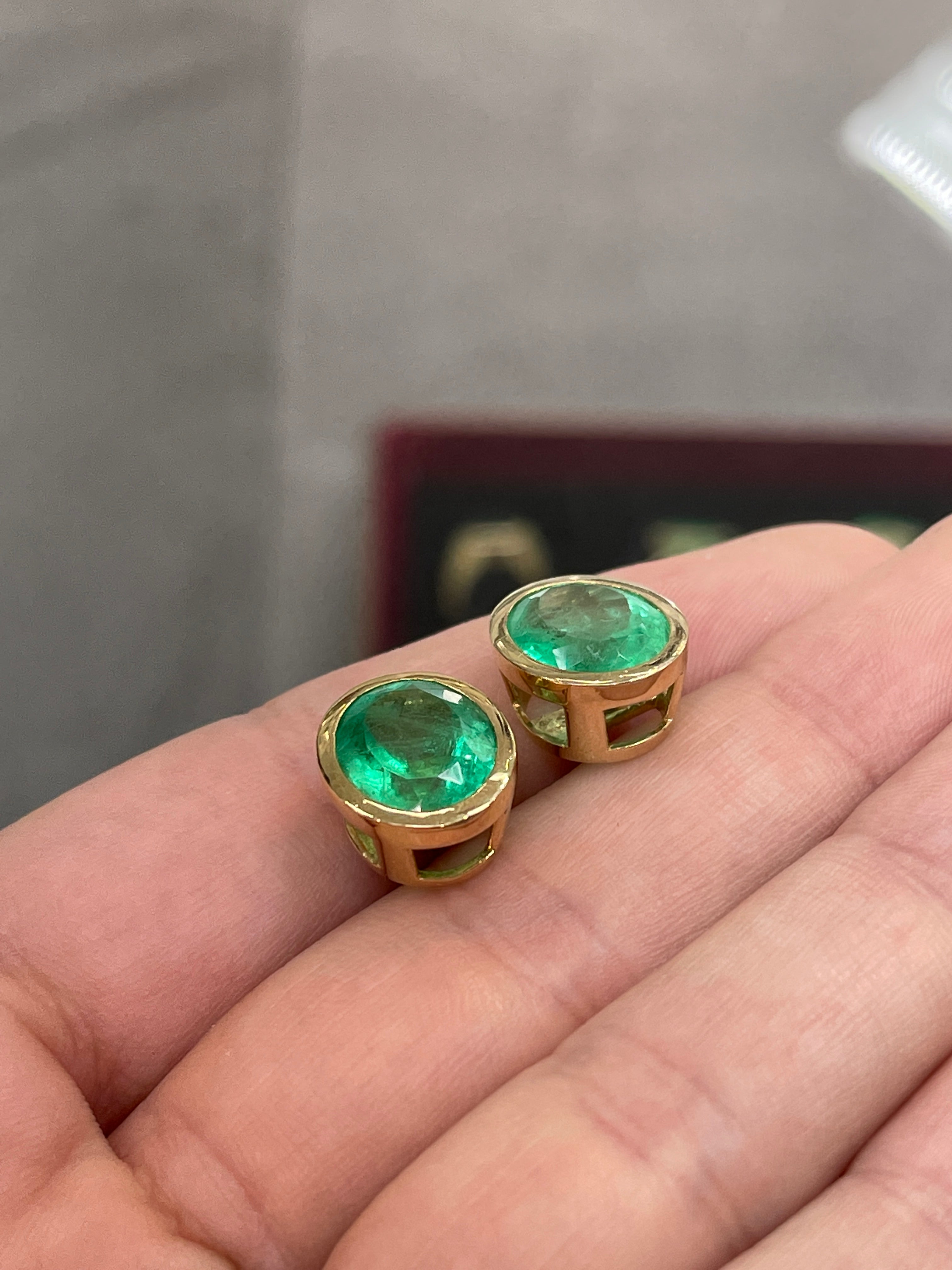 10.45tcw Colombian Emerald Oval Cut Bezel Set Earrings in 14K Gold - Vintage Heirloom Jewelry for Weddings & Special Occasions