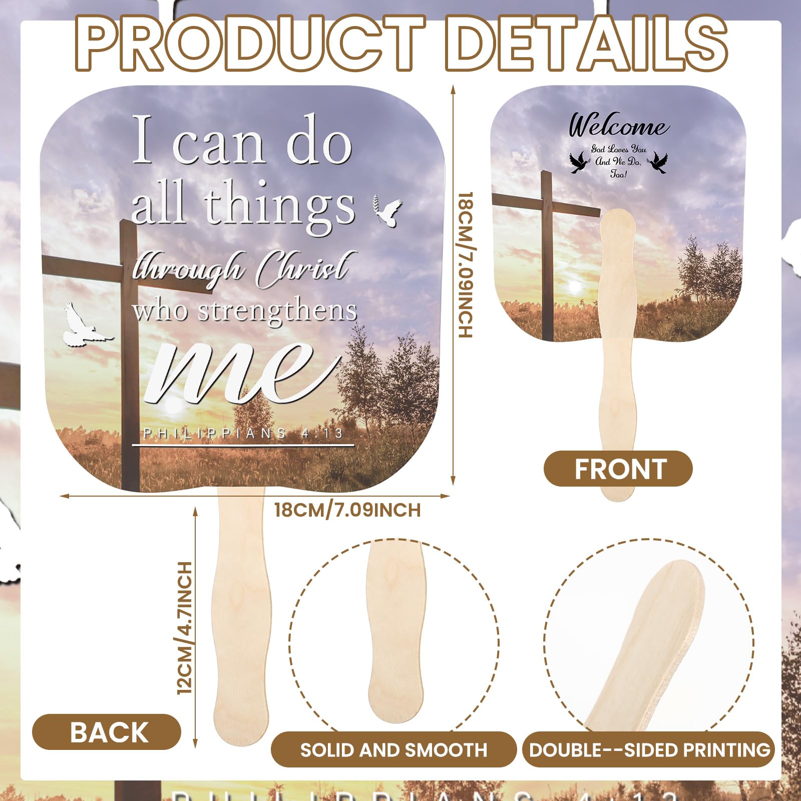 50 Pack Christian Church Handheld Fans - Bulk Religious Wooden Handle Paper Fans for Church Services, Bible Study & Worship - Inspirational Gifts for Men & Women (I Can Do All Things) - Perfect for Weddings, Baptisms & Sunday School Decorations