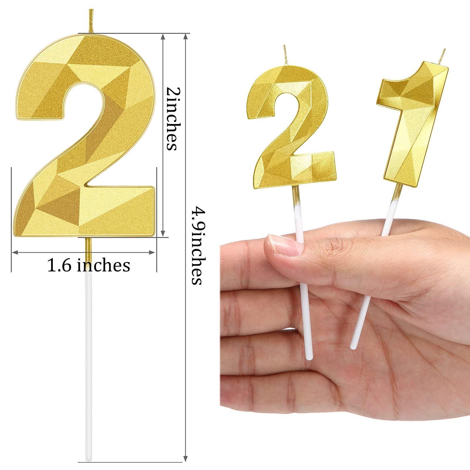 3D Diamond Shape 21st & 12th Number Birthday Candles - Gold 2 Inch Cake Toppers for Wedding, Anniversary & Theme Party Decorations | Perfect for Birthday Cakes, Cupcakes and Celebration Desserts