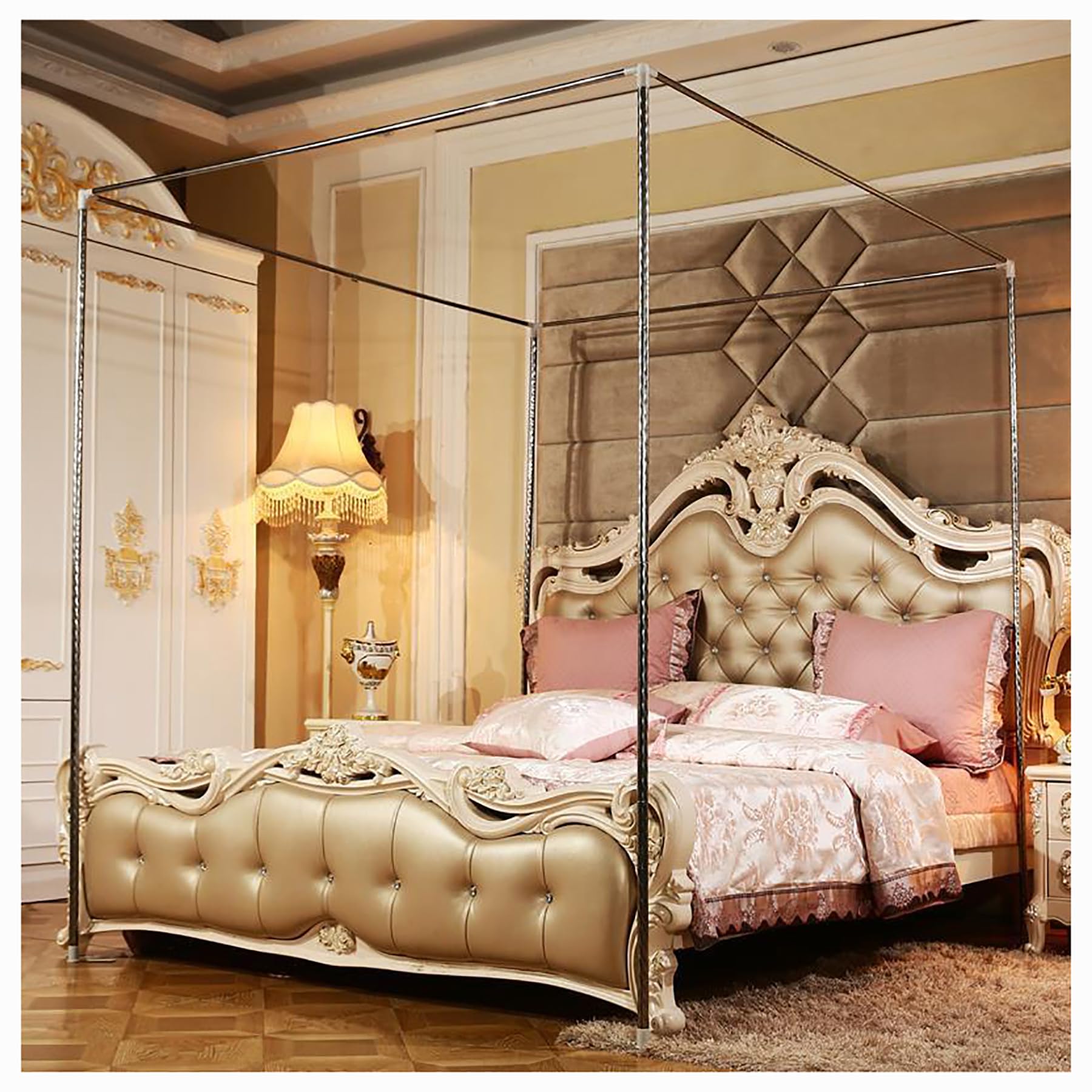 Stainless Steel Bed Canopy Frame with 4 Corner Posts - King Size Bed Curtain Canopy for Adults (Blue) | Bedroom Decor, Romantic Sleeping Space, Privacy Netting for Master Bedroom