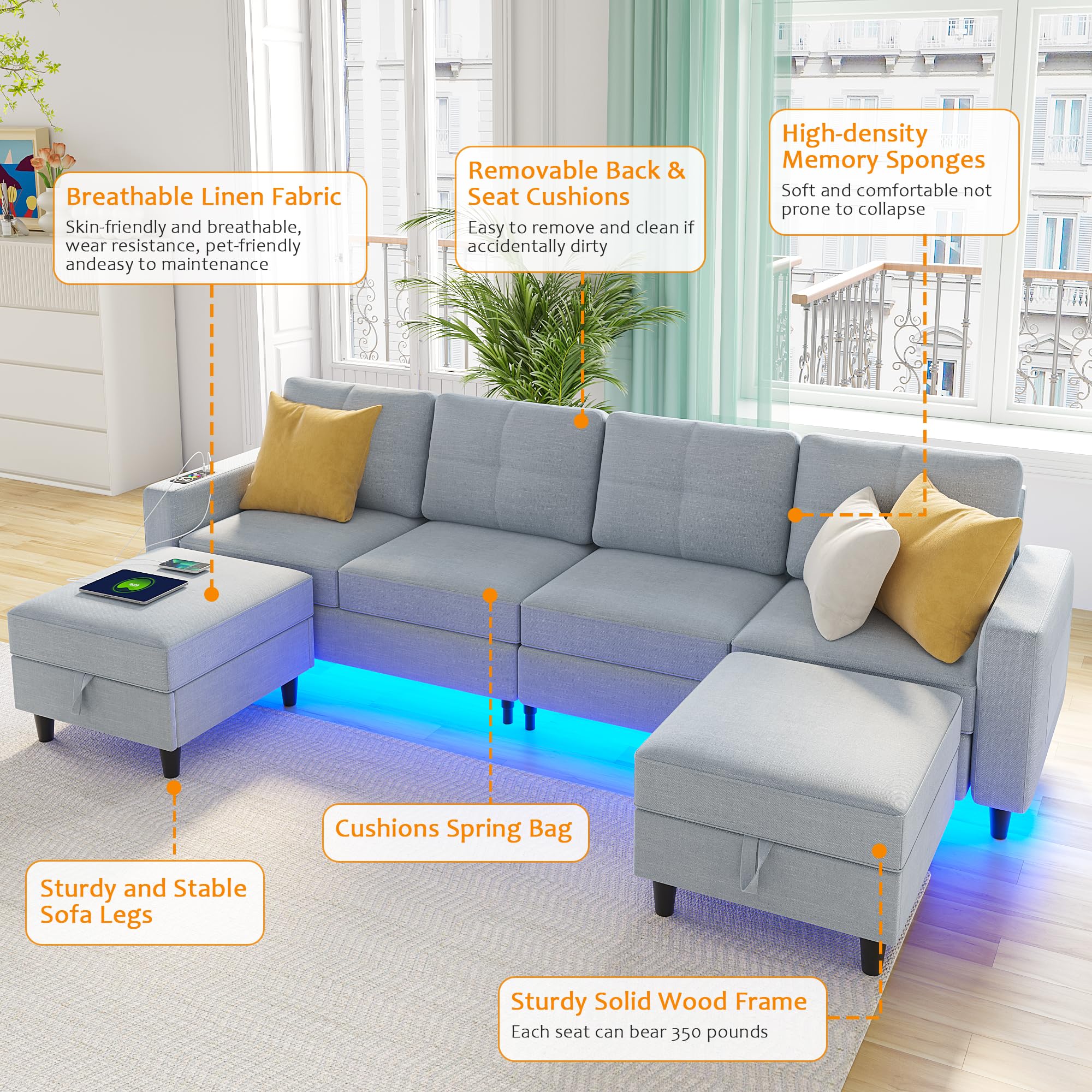 Modular Sectional Sofa Set with Storage Ottomans & RGB Lighting - U-Shaped Oversized LED Couches for Living Room with Auto Sensor Lights & USB Charging Station (Light Grey) - Perfect for Home Theater, Gaming Rooms & Modern Apartments