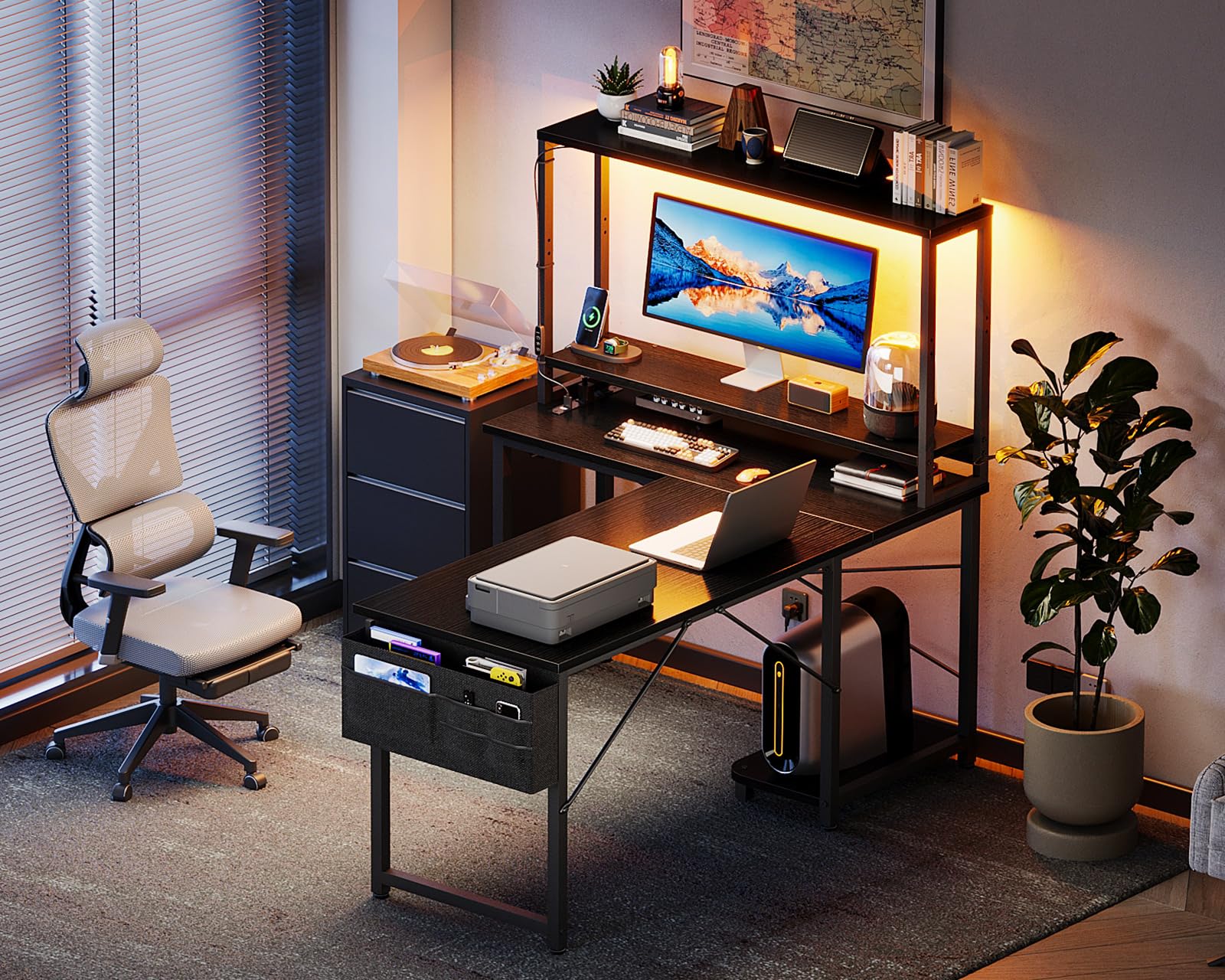 AODK 43 Inch L-Shaped Gaming Desk with LED Lights & Power Outlet - Reversible Corner Computer Desk with Storage Shelf, Bag & Hook - Ergonomic Home Office & Gaming Workstation (Black) - Perfect for Small Spaces, Streaming Setup & Multi-Monitor Workstations