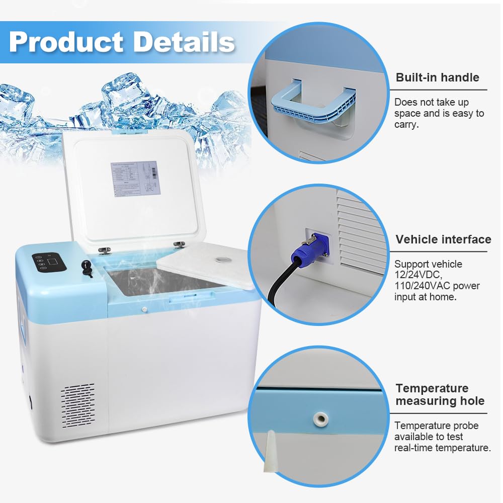 Portable Ultra-Low Temperature Freezer (-86°C to 18°C/-122.8°F to 64.4°F) for Lab Sample Storage | 12V-240V Compatible Cryogenic Freezer with 38LB Capacity | Ideal for Laboratory, Medical, and Research Sample Preservation