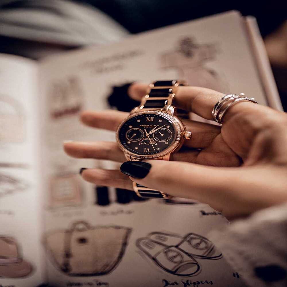 Aries Gold Enchant Luna L 58010L RG BKMP Women's Luxury Watch - Elegant Rose Gold & Black Timepiece for Business, Party & Special Occasions
