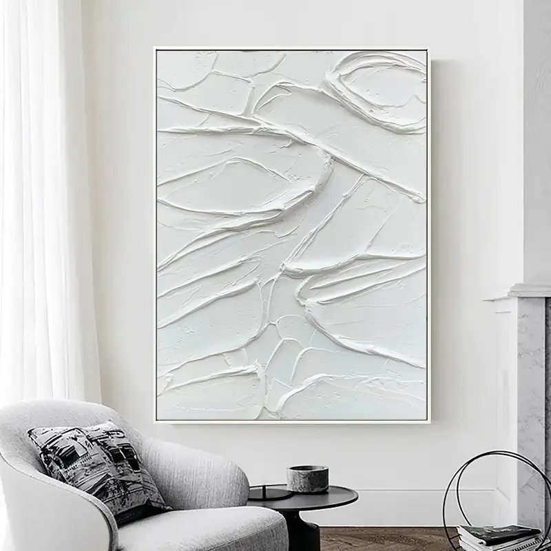 White Minimalist Textured Painting Canvas Wall Art - Modern Abstract Vertical Decor for Living Room, Bedroom & Office | #MM003