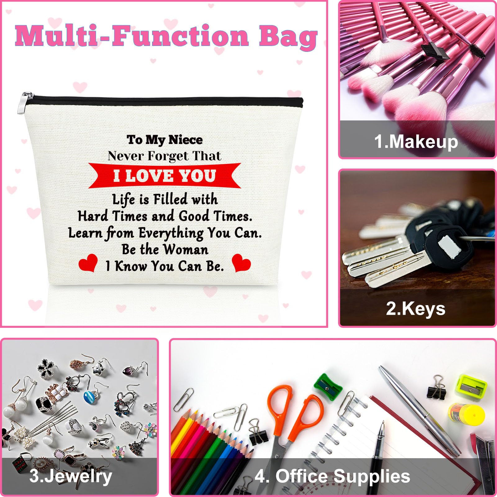 Personalized Makeup Bag for Niece - Cute Cosmetic Travel Pouch Gift from Aunt | Birthday, Christmas, Graduation Present for Adult Niece | Perfect for Travel, Daily Use & Special Occasions