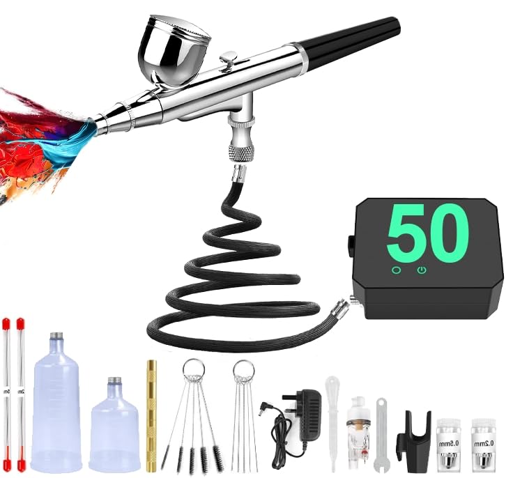 Professional Airbrush Kit with Compressor - Dual-Action High-Pressure Portable Airbrush Gun with 0.2/0.3/0.5mm Nozzles, Non-Clogging Design & Cleaning Brush for Model Painting, Cake Decorating, Barber Tools & DIY Art Projects - Perfect for Hobbyists & Professionals