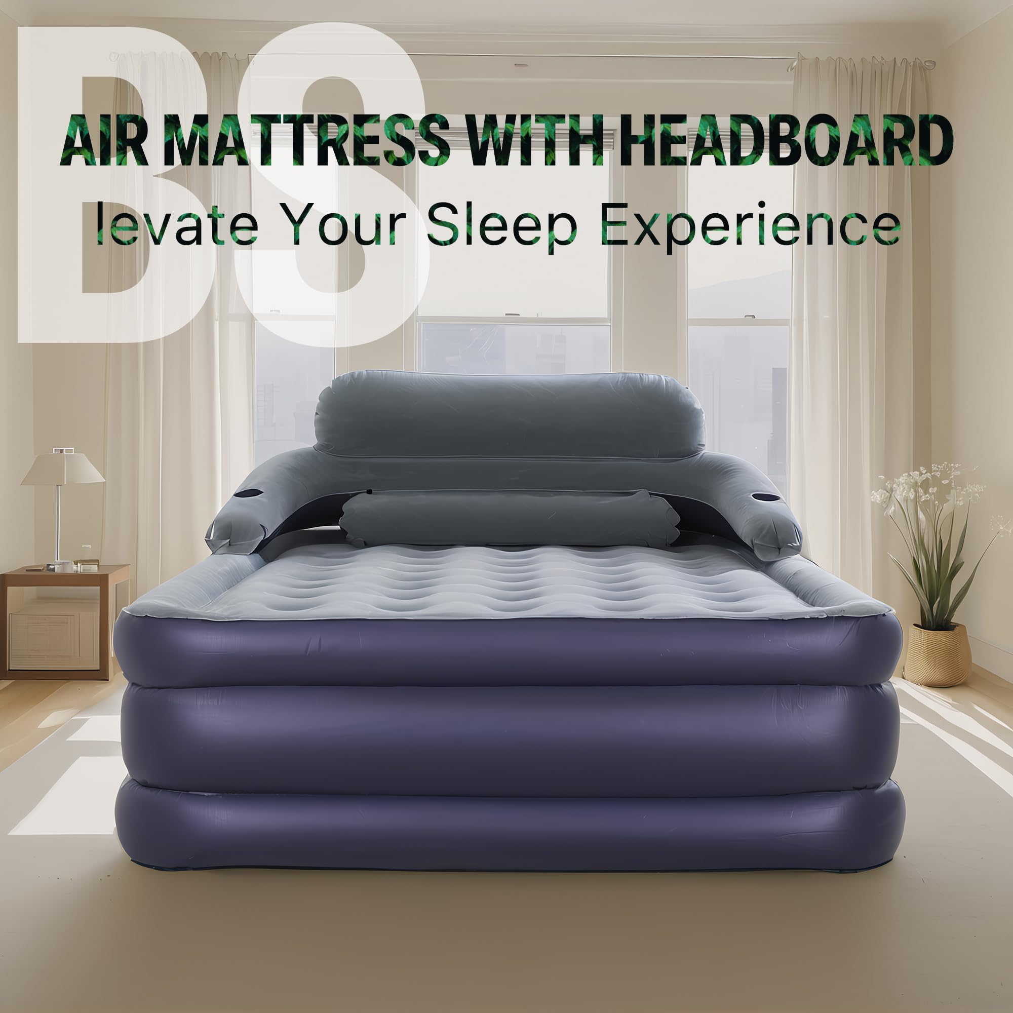 Queen Air Mattress with Headboard & Cup Holders - Comfortable Inflatable Blow Up Bed for Guests, Home & Travel - Portable Airbed for Camping, Sleepovers & Temporary Use