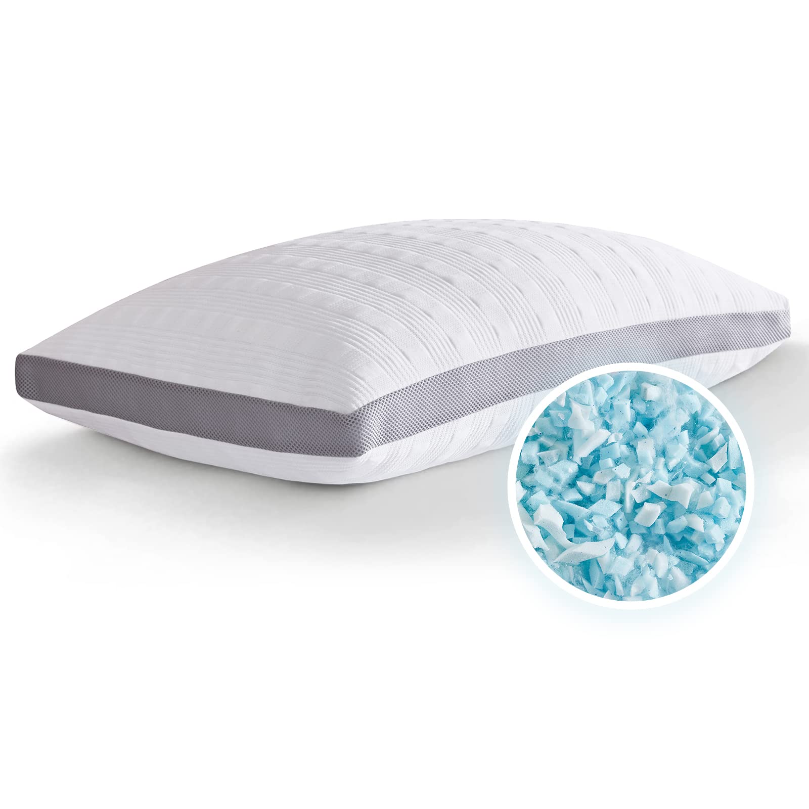 MoeFlaw Cooling Standard Size Pillow - Shredded Memory Foam Bed Pillow for Back & Side Sleepers, Adjustable Support with Washable Removable Cover - Perfect for Hot Sleepers & Neck Pain Relief