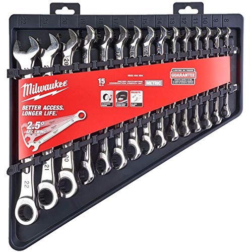 Milwaukee 932464994 MAX BITE Ratcheting Combination Wrench Set - 15-Piece Professional Tool Kit with Non-Slip Grip (Red) - Perfect for Automotive Repair, Plumbing, and DIY Home Improvement Projects