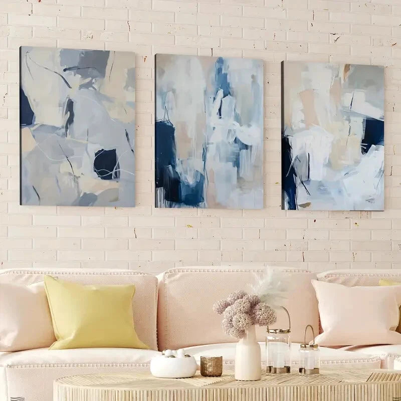 3-Piece Abstract Brush Stroke Geometric Modern Blue Wall Art Set - Framed Canvas 40x60cm (16x24in) | High Quality Print | Ready to Hang | Australian Made | Perfect for Living Room, Bedroom & Office Decor