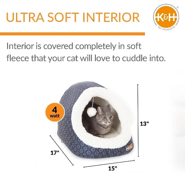 K&H Thermo Pet Cave Heated Cat Bed - Self-Warming Grey Cat House for Indoor Cats | Perfect for Winter & Cold Weather Comfort