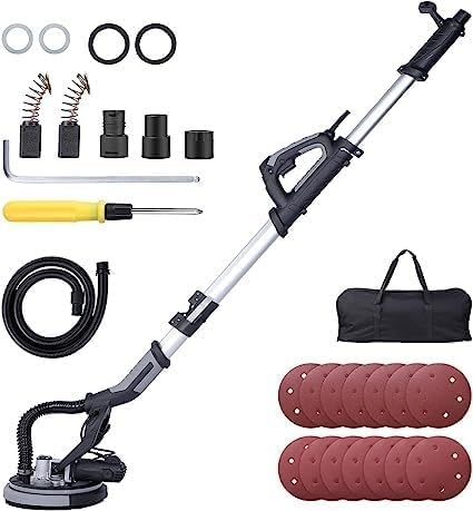 750W Electric Drywall Sander with Vacuum Dust Collection - 7 Variable Speed (900-1800 RPM) LED Light Drywall Sanding Tool - Includes 14 Sanding Discs & Extendable Handle - Perfect for Home Renovation, Drywall Repair and Professional Construction Projects