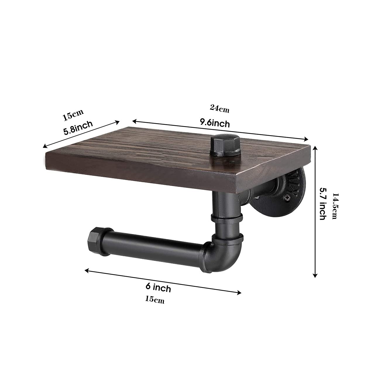 Vintage Wrought Iron Water Pipe Toilet Paper Holder with Wooden Shelf - Wall Mounted Bathroom Tissue Roll Dispenser with Storage (24x15x14.5cm) - Perfect for Farmhouse, Industrial & Retro Style Bathrooms