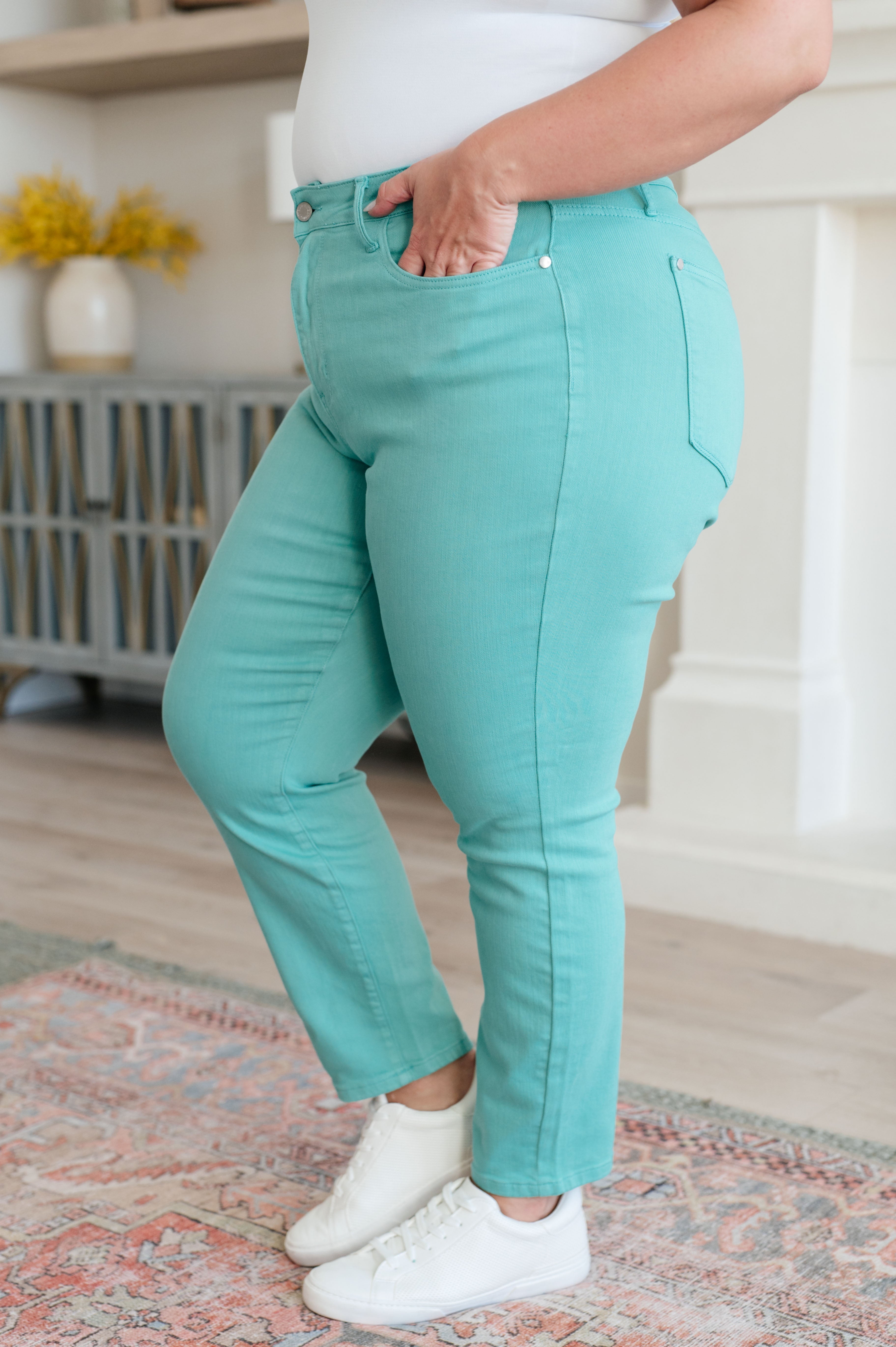 Judy Blue Aqua Marine Bridgette High Rise Garment Dyed Slim Jeans for Women | Stretch Denim Pants | Casual & Work Outfit | Perfect for Everyday Wear, Office, and Date Nights