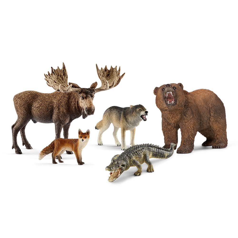 Schleich Wild Life Realistic Animal Toys Set - Moose, Grizzly Bear, Fox, Wolf & Alligator Figures for Kids | North American & Woodland Wildlife Collection | Educational Playset for Ages 3+ | Perfect for Nature Learning, Imaginative Play & Toy Animal Collections