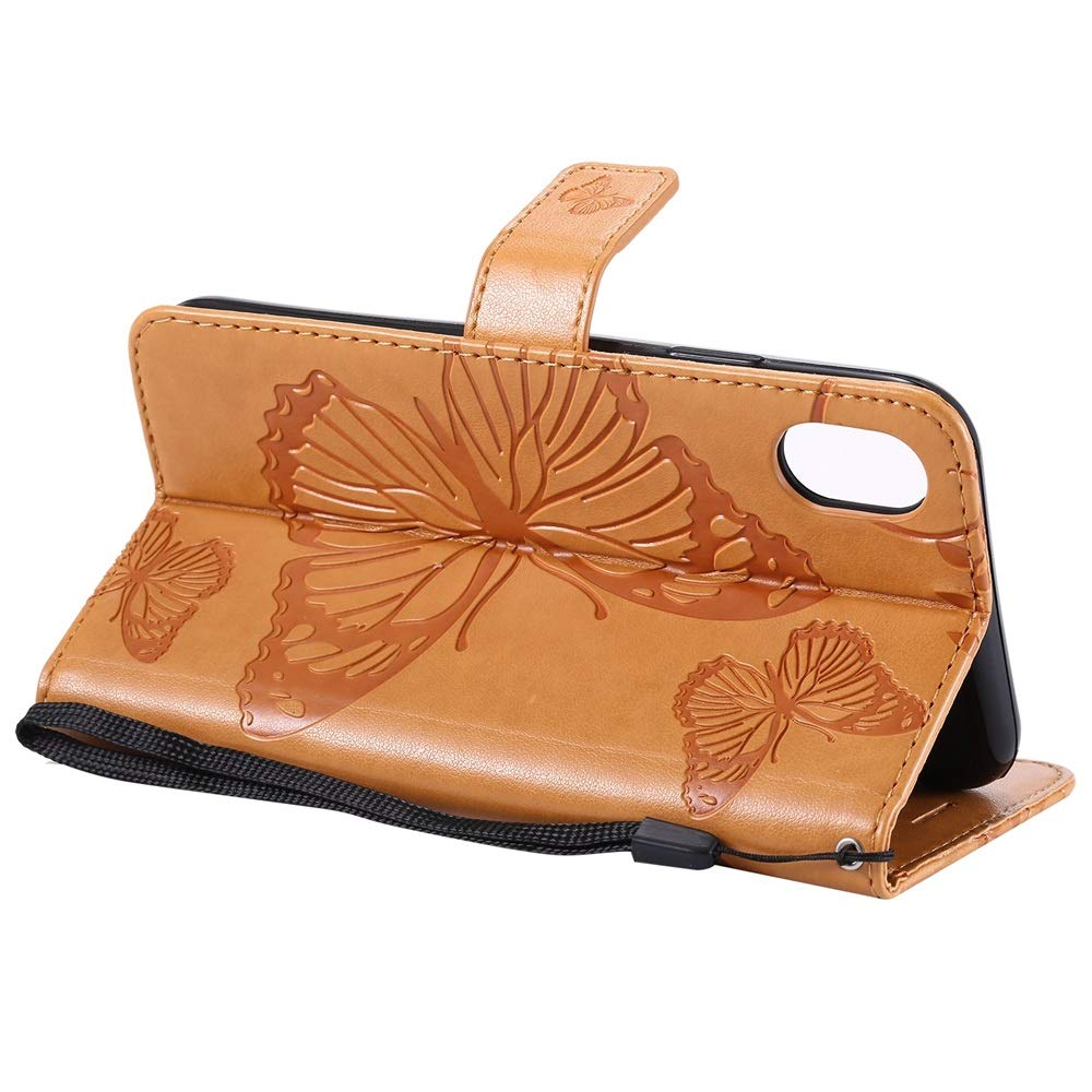 Butterfly Floral PU Leather Wallet Stand Phone Case with Wrist Strap for iPhone Xr (6.1 Inch) - Yellow | Slim Protective Cover with Card Slots | Perfect for Everyday Use, Travel & Hands-Free Viewing