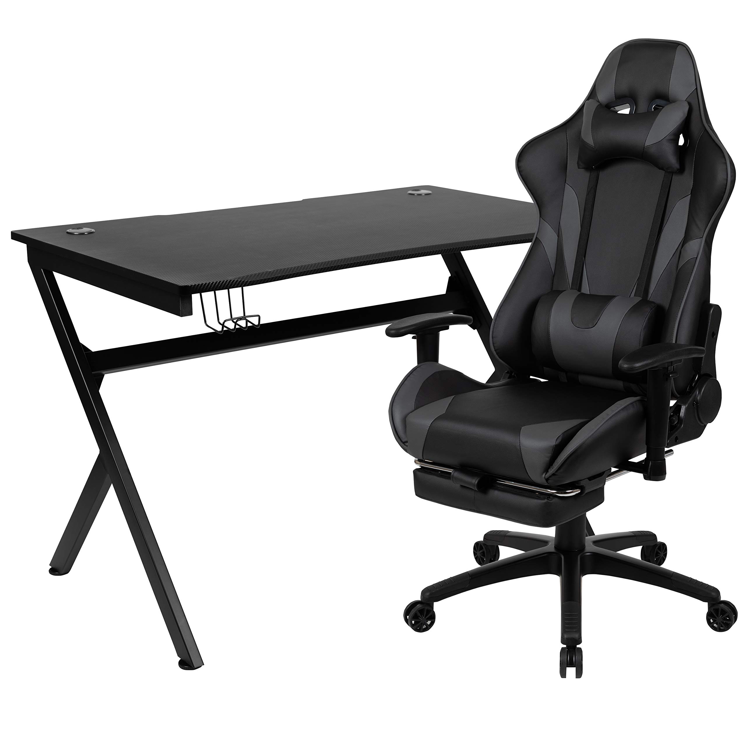 Ergonomic Black Gaming Desk & Gray Reclining Gaming Chair Set with Cup Holder, Headrest & Cable Management - Perfect for PC Gaming, Streaming & Home Office Setup
