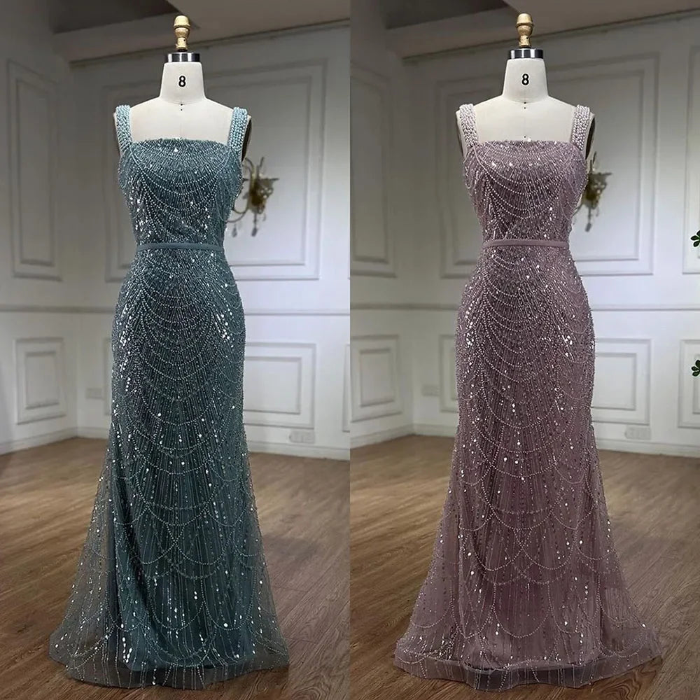 Serene Hill Turquoise Mermaid Beaded Pearls Spaghetti Strap Floor Length Evening Gown - Women's Formal Party Dress for Prom, Wedding, Gala & Special Occasions 2025 LA72032C