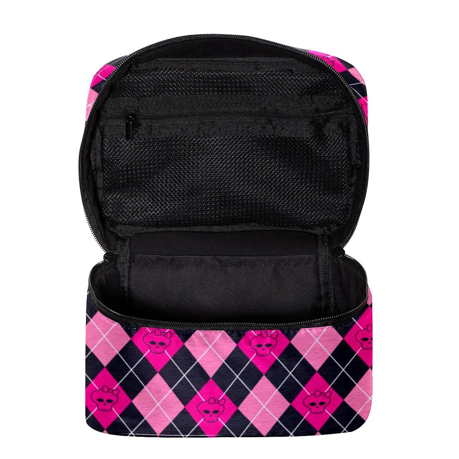 Stylish Pink Skull & Geometric Print Large Travel Makeup Bag - Waterproof Cosmetic Organizer with Zipper for Women & Girls | Perfect for Vacation, Gym, Daily Use