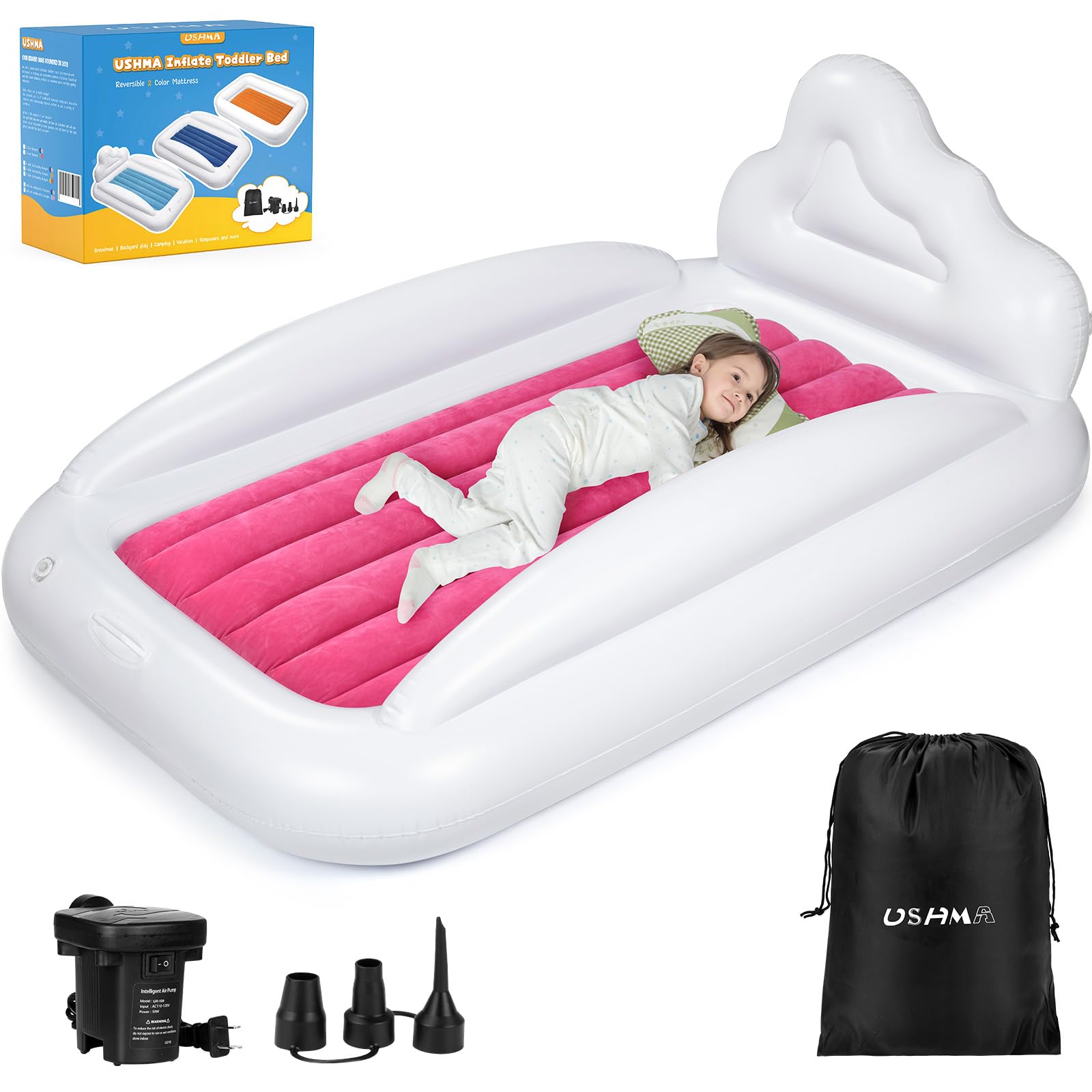 Inflatable Toddler Travel Bed - Portable Kids Air Mattress with Double-Sided Design & Safety Rails | Lightweight Blow Up Mattress for Toddlers | Perfect for Travel, Camping, Sleepovers & Indoor Play Areas