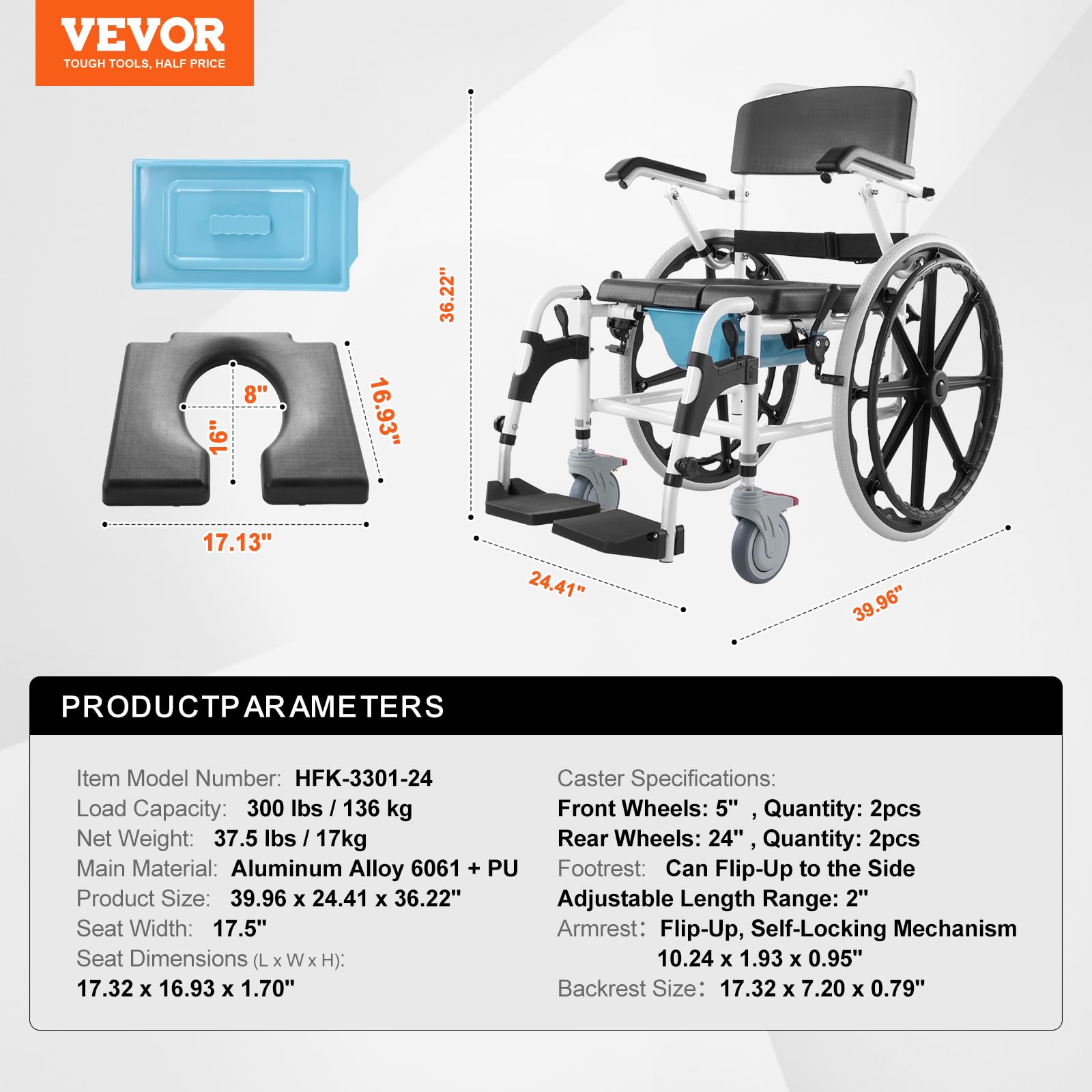 VEVOR Adjustable Aluminum Alloy Shower Wheelchair - 17.5