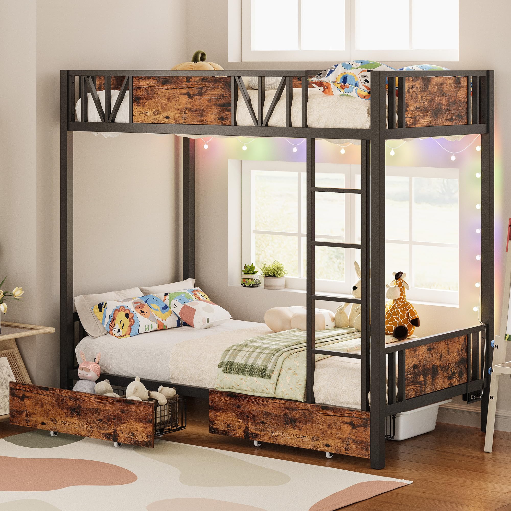 ANCTOR Metal Twin Bunk Bed with USB Power Outlet, Storage Drawers & LED Lights - Space-Saving Kids Bed Frame with Ladder, Quiet Design for Bedrooms, Dorms & Small Apartments