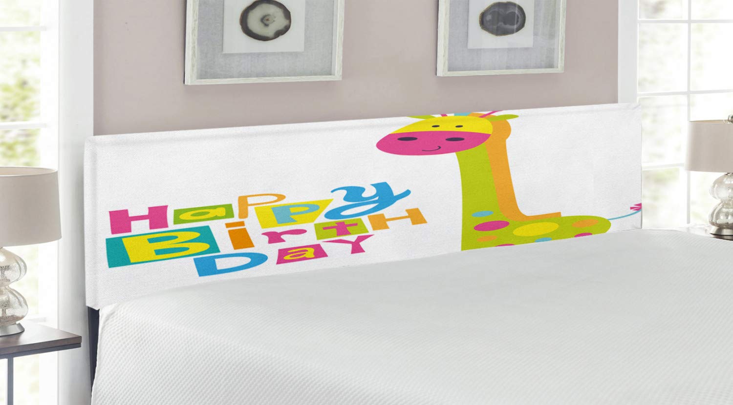 Ambesonne King Size Upholstered Metal Bed Headboard with Memory Foam - Birthday Party Theme Giraffe with Dots Art Print in Green & Multicolor | Perfect for Kids' Bedrooms, Birthday Decor & Nursery Room Decorations