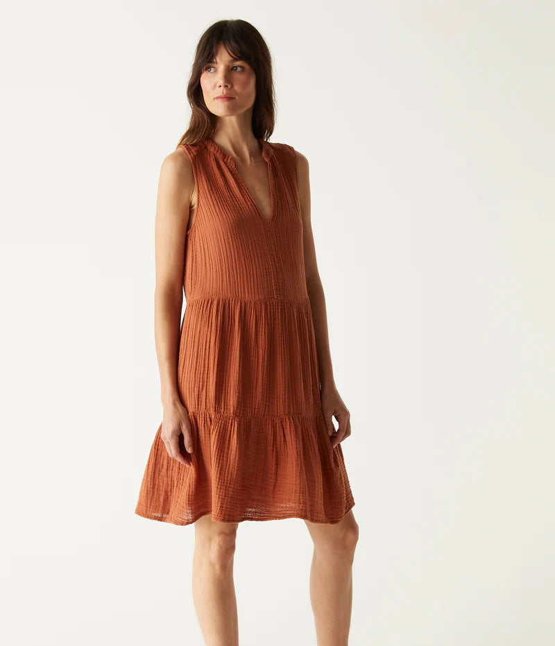 Elegant Daisy Print Gauze Dress in Toffee - Perfect for Summer Beach Vacations & Boho Chic Outfits