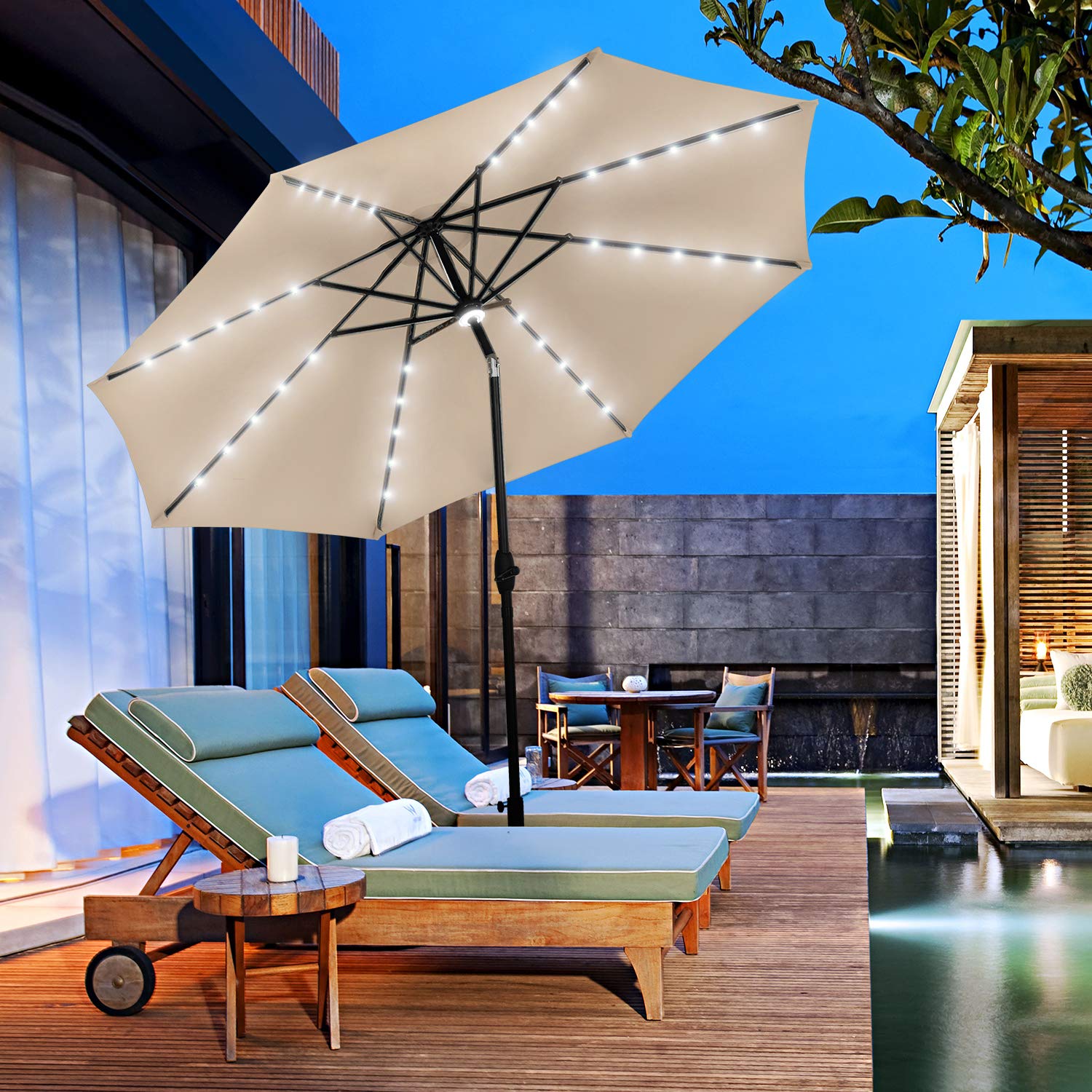 10Ft Outdoor Lighted Patio Umbrella with Tilt & Crank - Waterproof Market Umbrella for Garden, Deck, Backyard, Pool - Perfect for Dining, Lounging, and Outdoor Entertaining