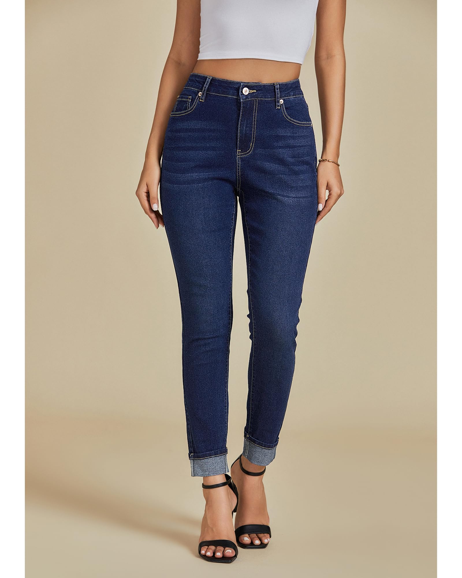 Luvamia Women's Skinny Jeans - High Waisted Slim Fit Stretch Denim Pants with Pockets | Trendy Fold Hem Jeggings for Casual Wear, Office & Night Out